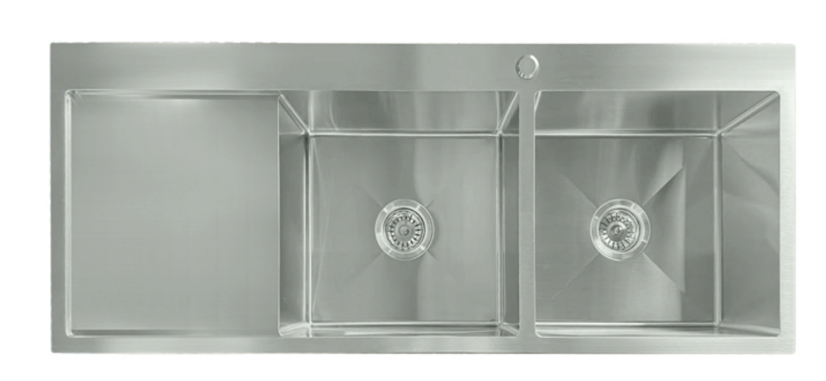 Stainless steel double bowl kitchen sink with side drainer and tap hole, modern silver inset sink design.