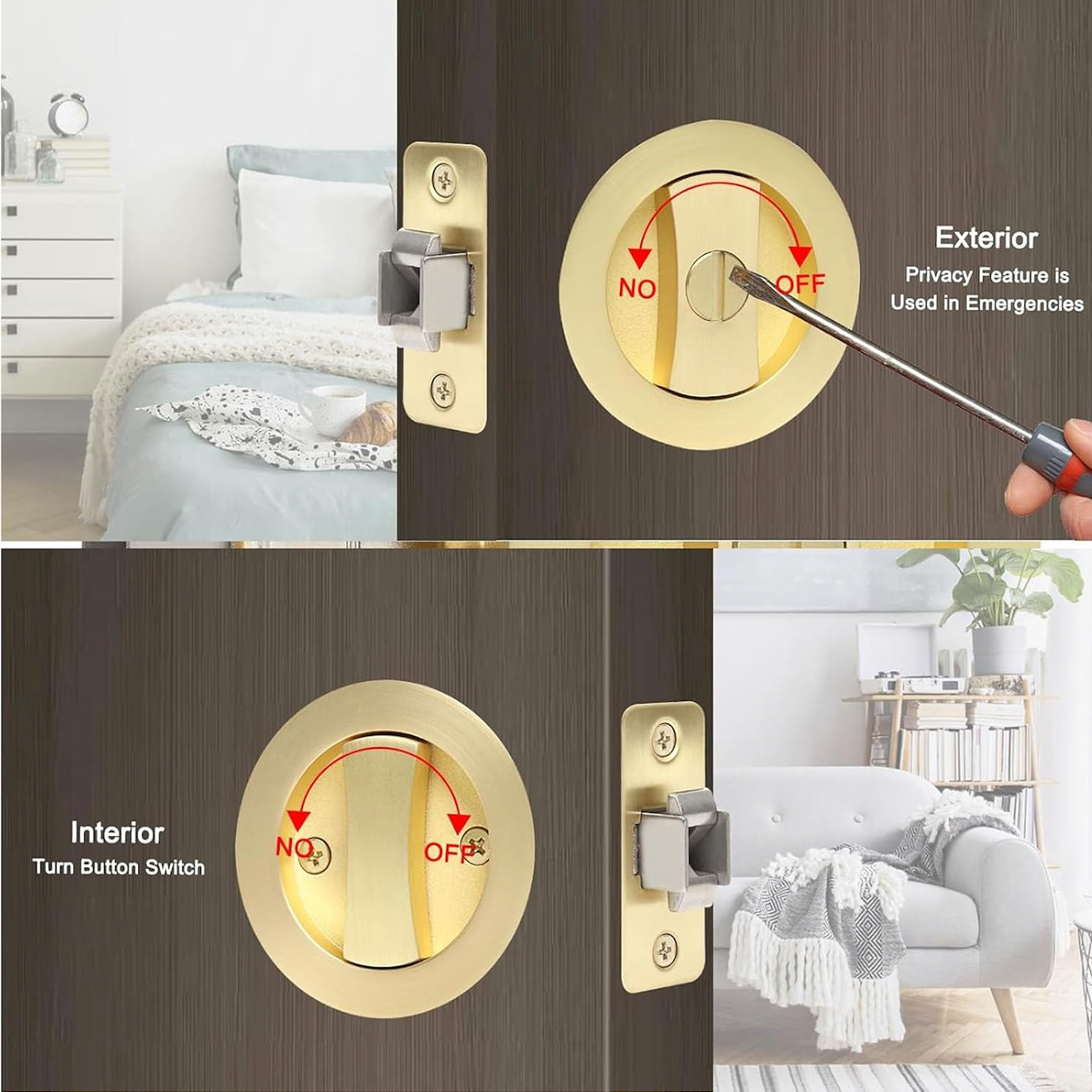 Square Sliding Door Privacy Lock (SL-S) Gold