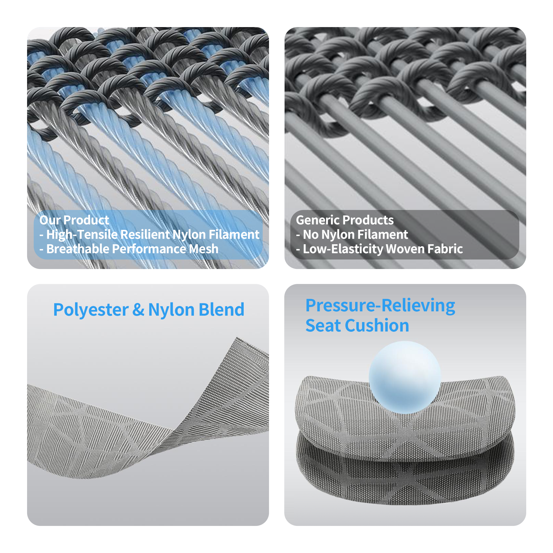 High-elastic polyester & nylon mesh – breathable, durable, and pet scratch resistant ergonomic chair material