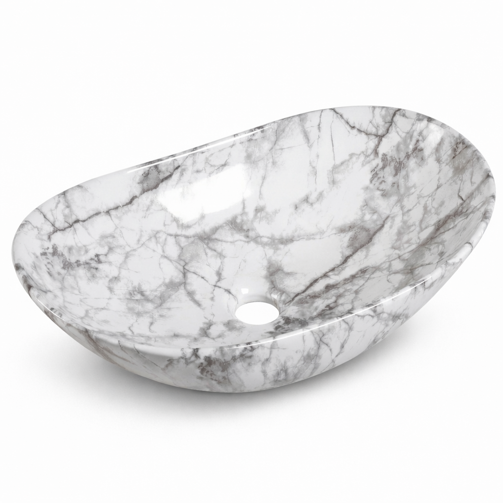 Modern asymmetrical white marble oval vessel sink with grey veining for bathroom vanity.