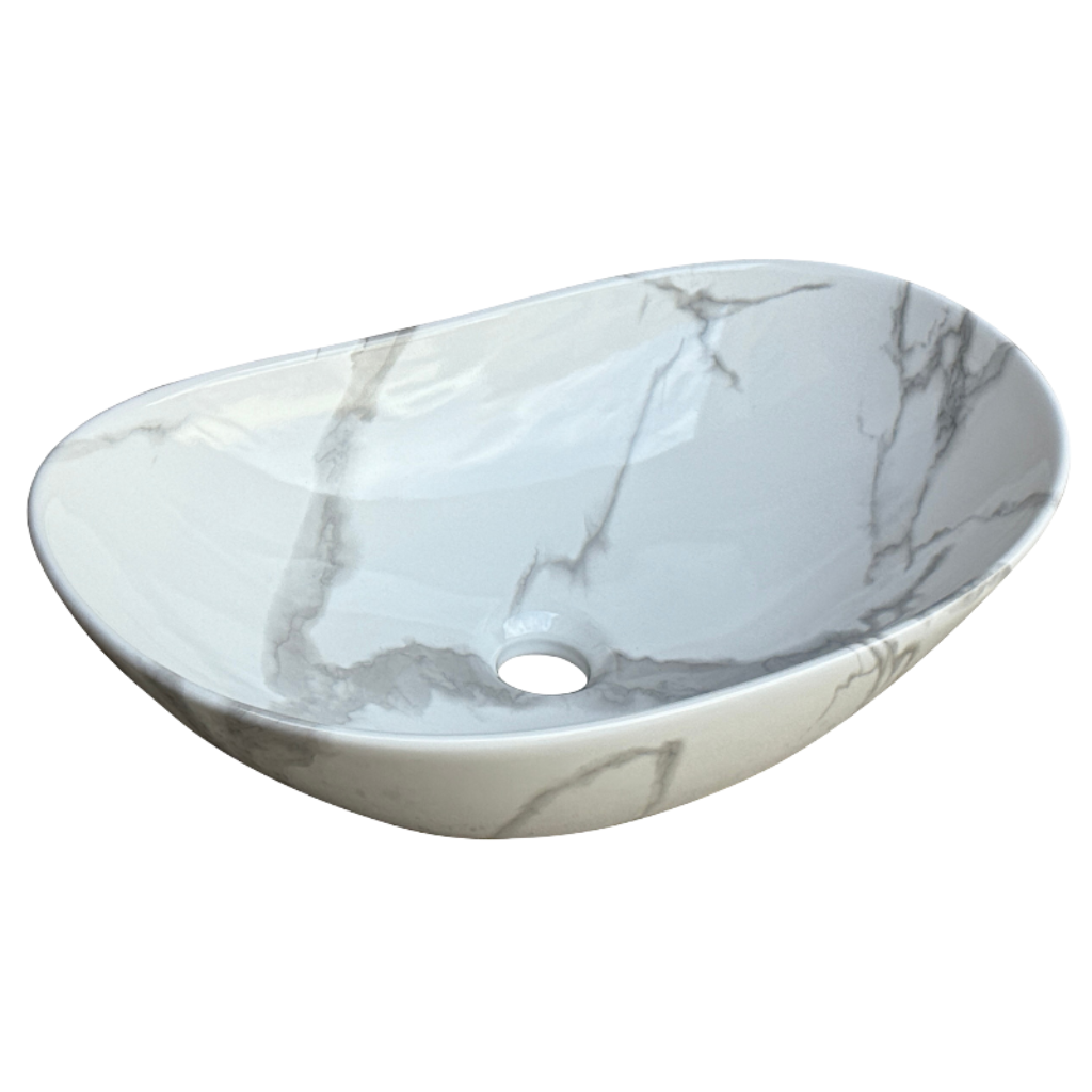 White Carrara marble pattern ceramic vessel bathroom sink with organic oval shape and grey veining.