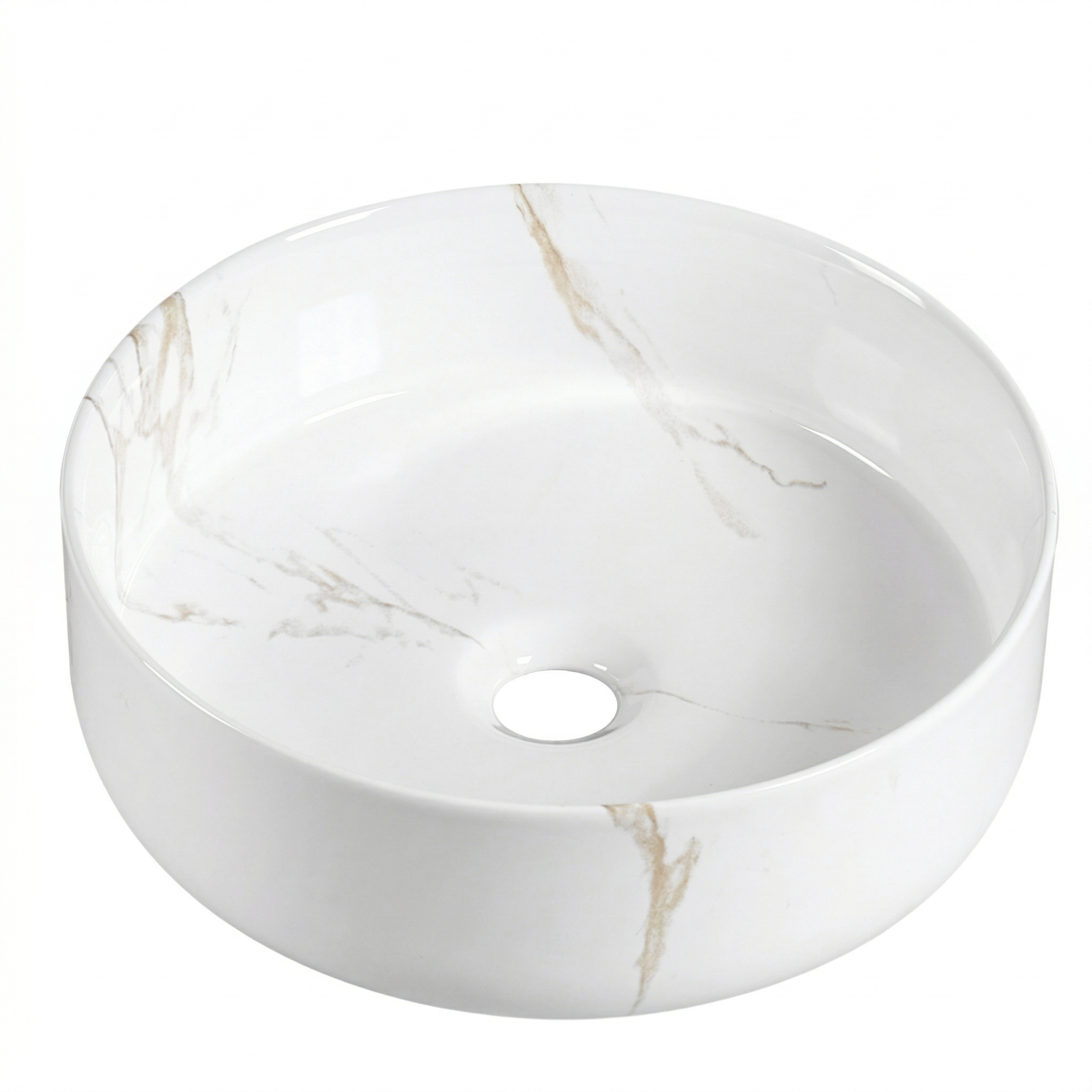 Modern round white ceramic vessel sink with elegant gold marble veining for bathroom vanity.