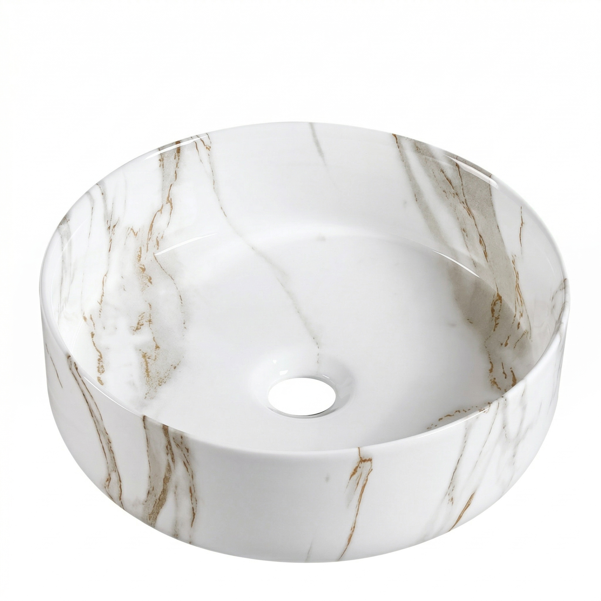 Round white ceramic vessel sink with brown marble veining, above-counter bathroom basin.