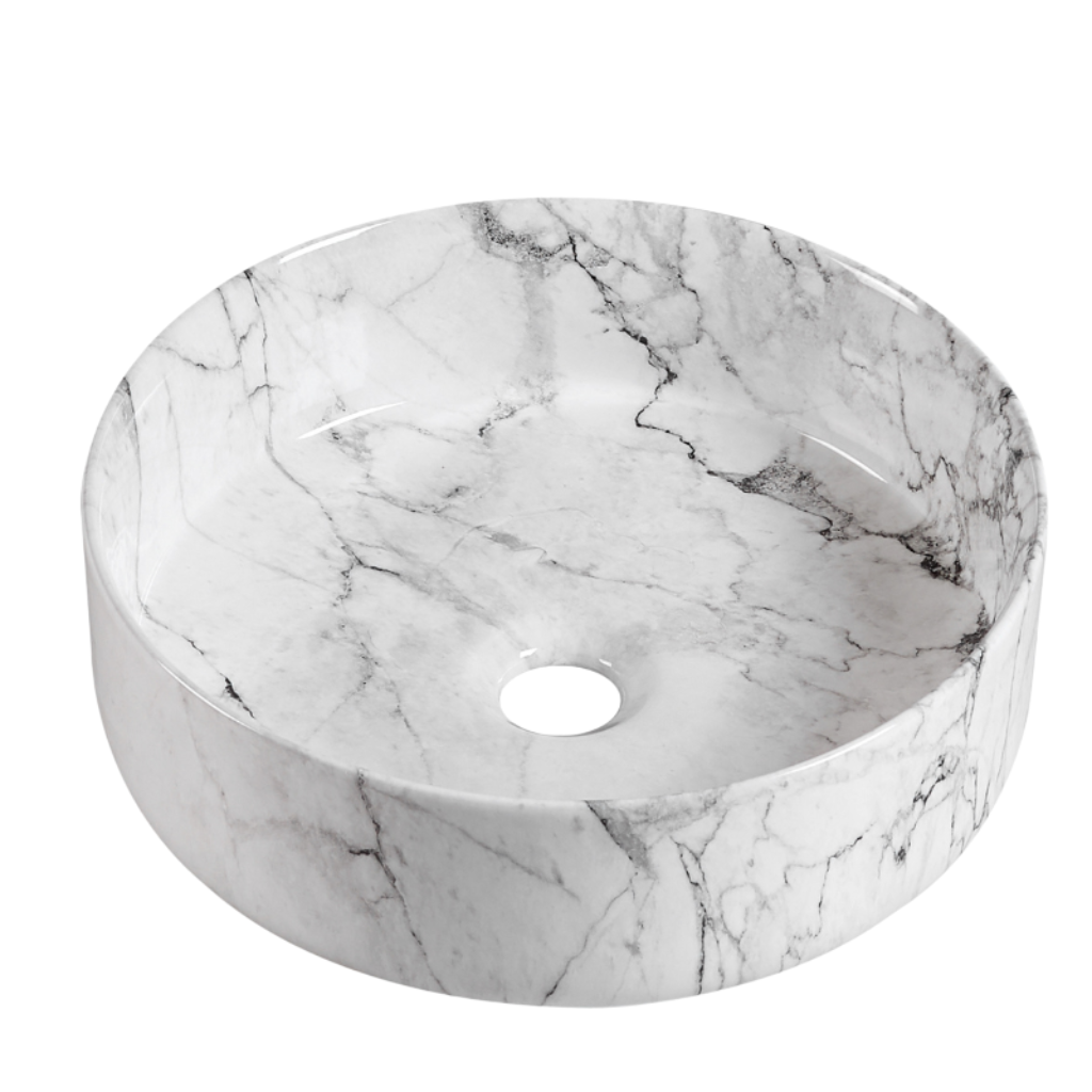 Round white marble pattern vessel bathroom sink with grey veining, modern countertop wash basin.