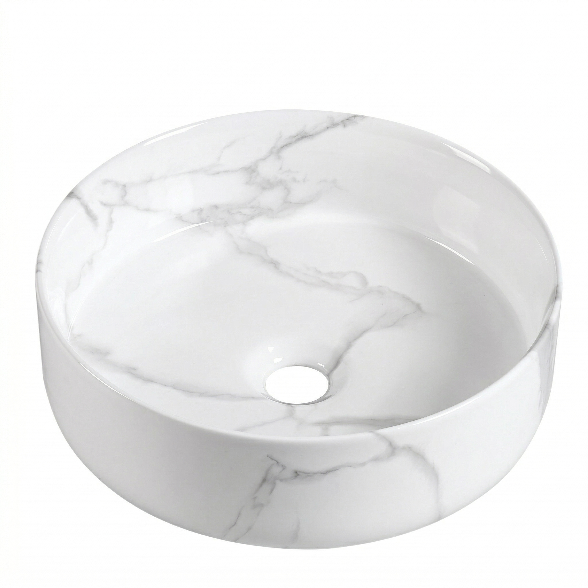 Round white marble vessel sink with grey veining, ceramic bathroom countertop basin for modern vanities.