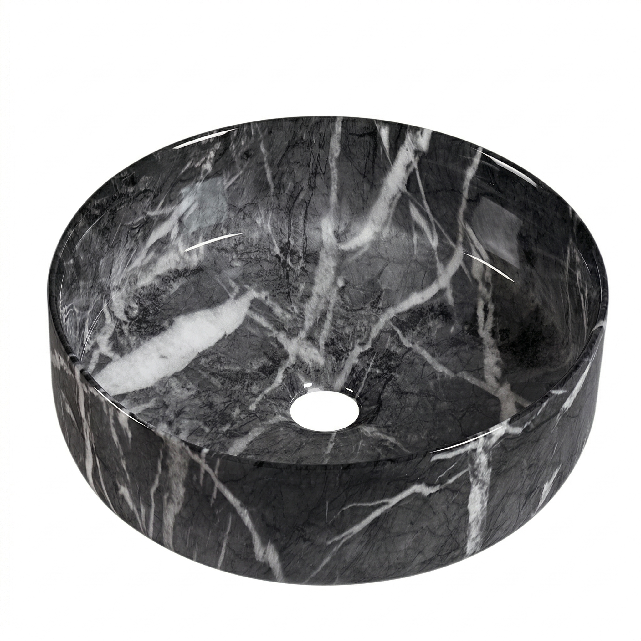 Round black marble vessel sink with white veining for modern bathroom vanity countertops.