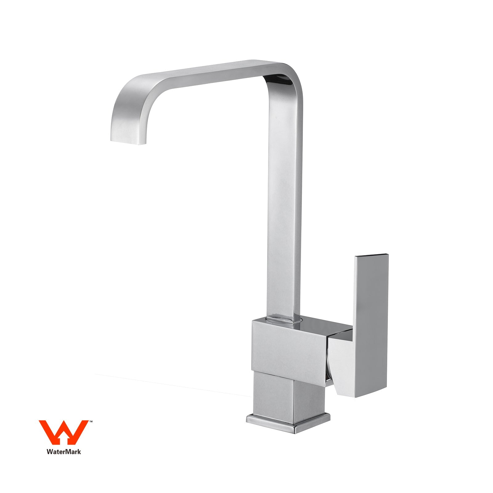 Modern square polished chrome kitchen mixer tap with high-arc spout and single lever handle.