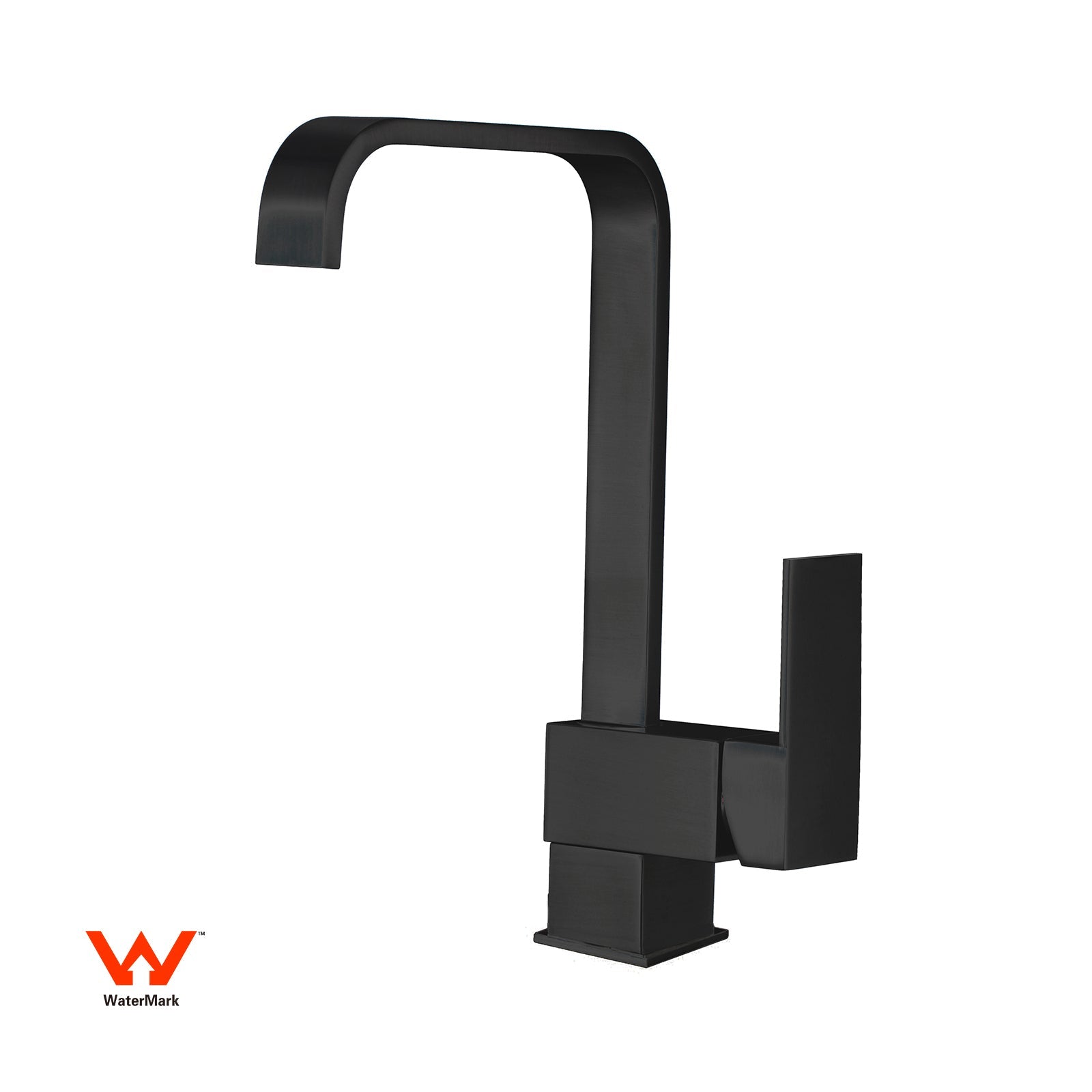 Modern matte black square gooseneck kitchen faucet with single lever handle.