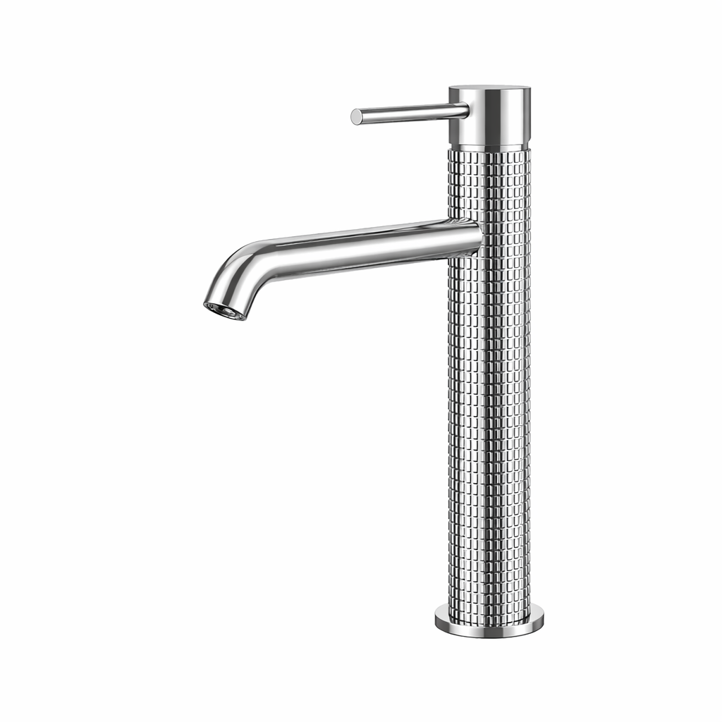 Tall polished chrome vessel sink faucet featuring a knurled textured body and single lever handle.