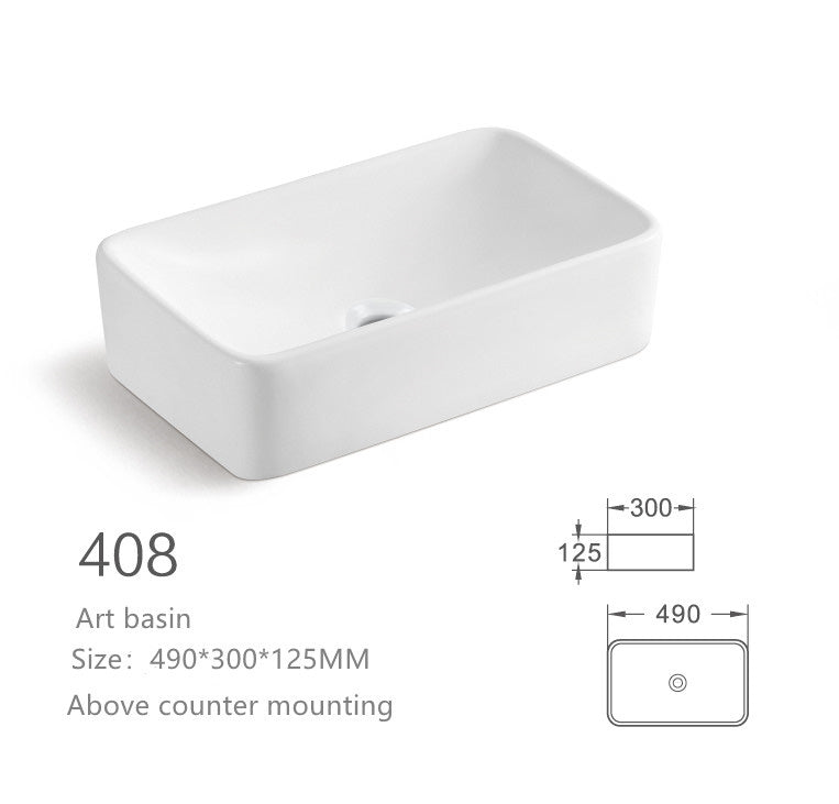 White rectangular ceramic above counter bathroom art basin vessel sink, model 408, 490x300mm