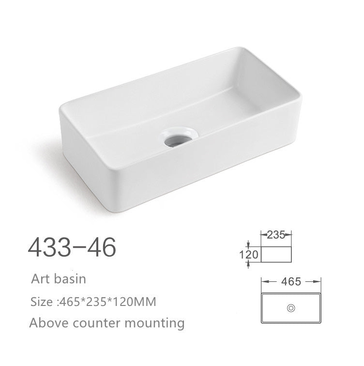 White rectangular ceramic above counter art basin, modern bathroom vessel sink, dimensions 465x235x120mm.