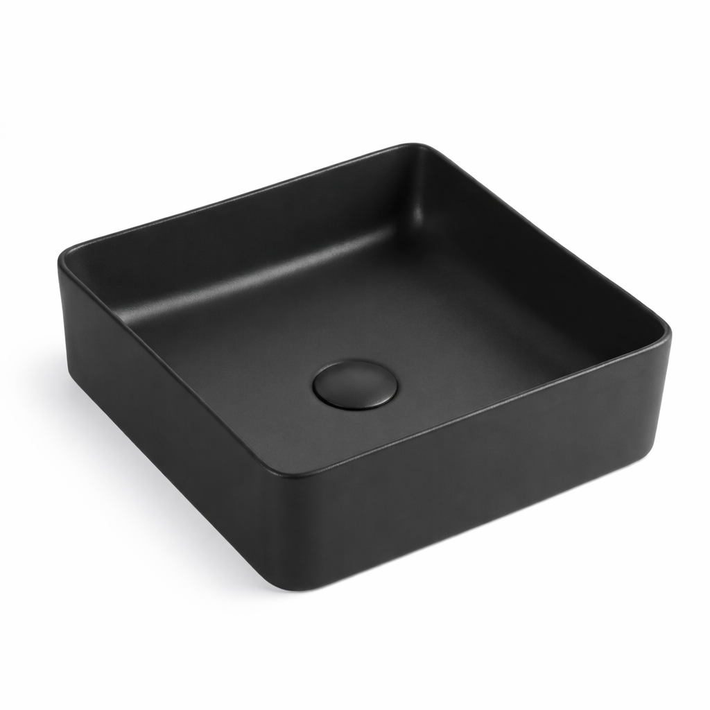 Matte black square vessel bathroom sink with matching pop-up drain, modern ceramic basin for vanity.
