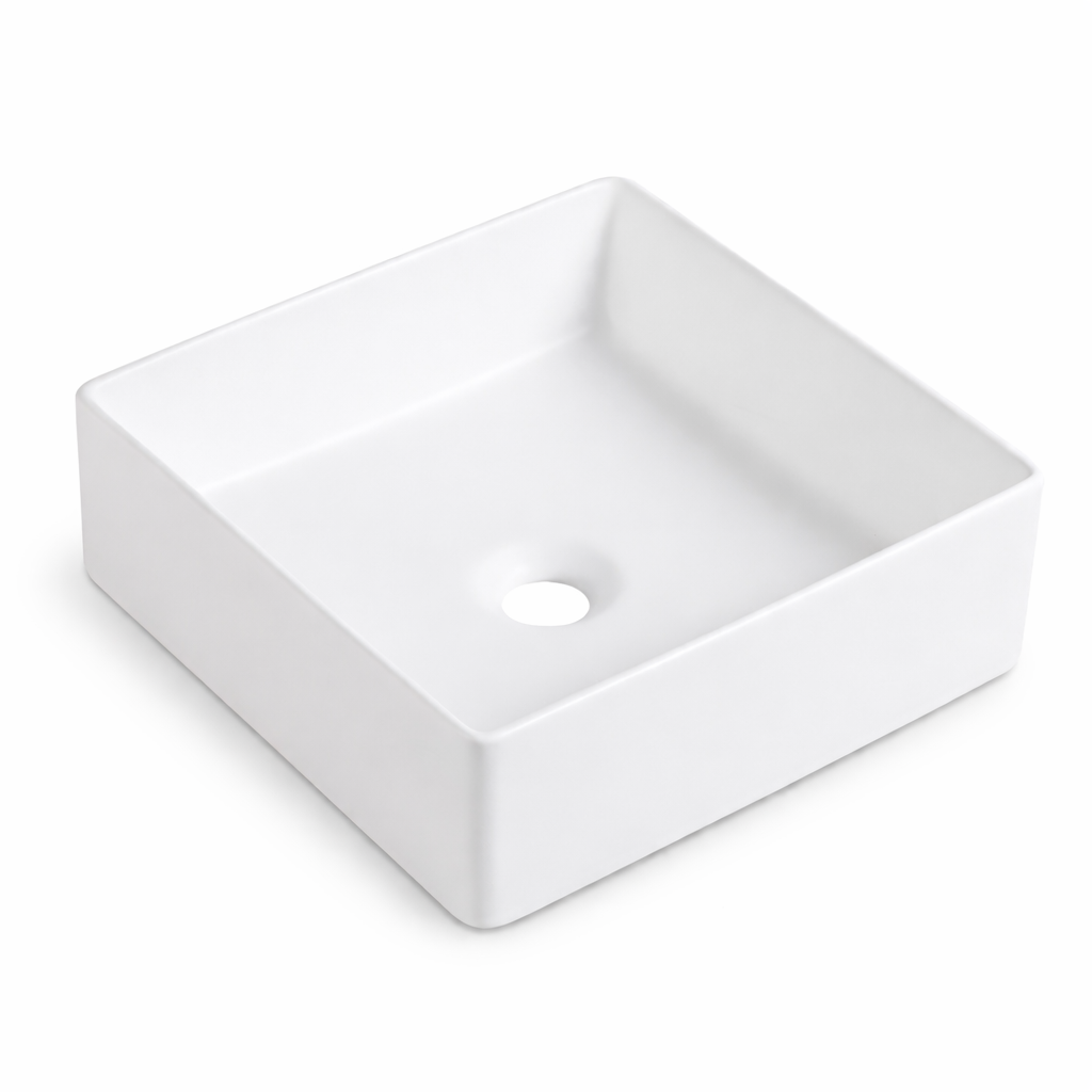Modern white square ceramic vessel sink, above-counter bathroom basin with deep minimalist bowl.