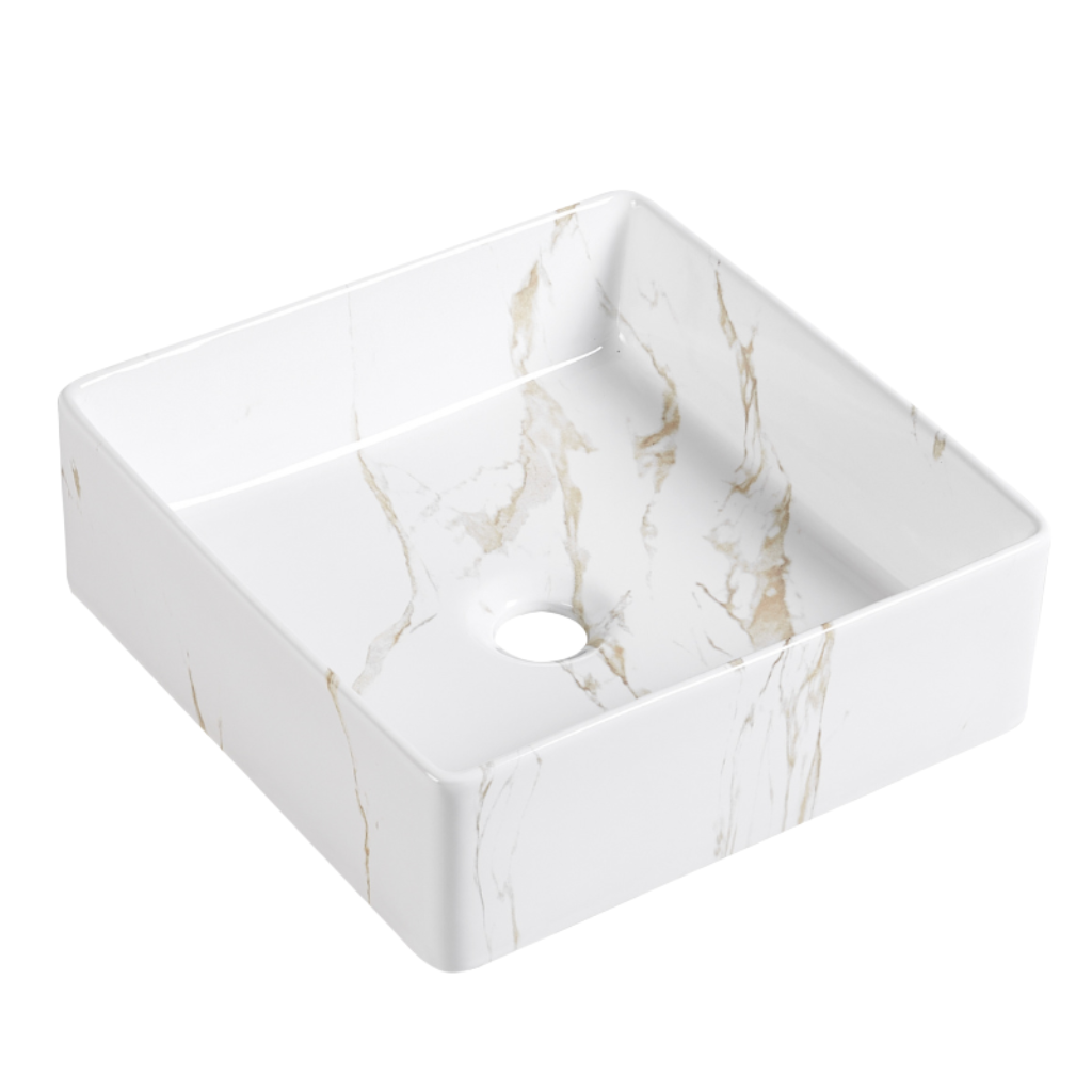 Square white ceramic vessel sink with tan marble pattern for modern bathroom vanity.