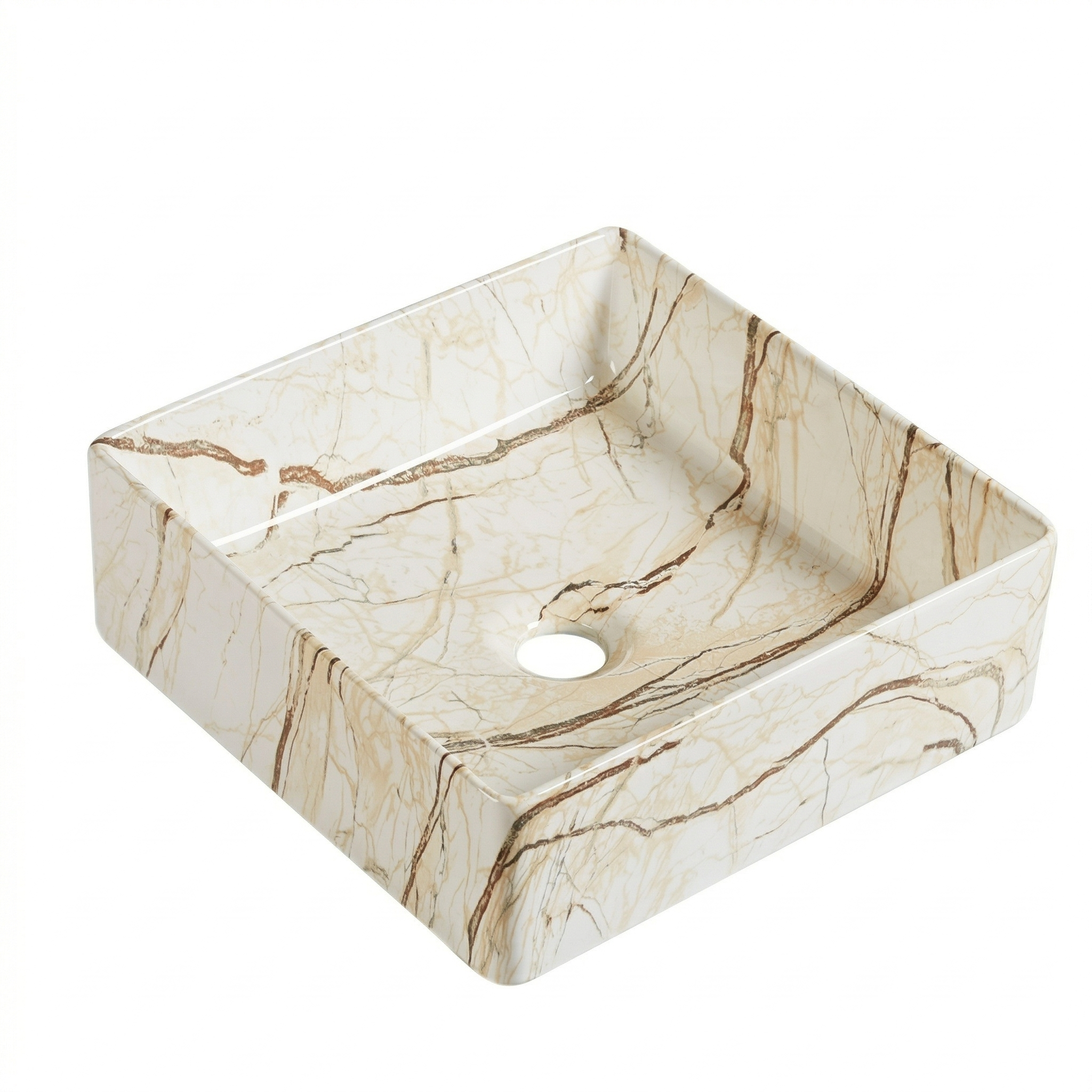 Modern square vessel bathroom sink with cream and brown marble-effect ceramic finish for above-counter vanity.