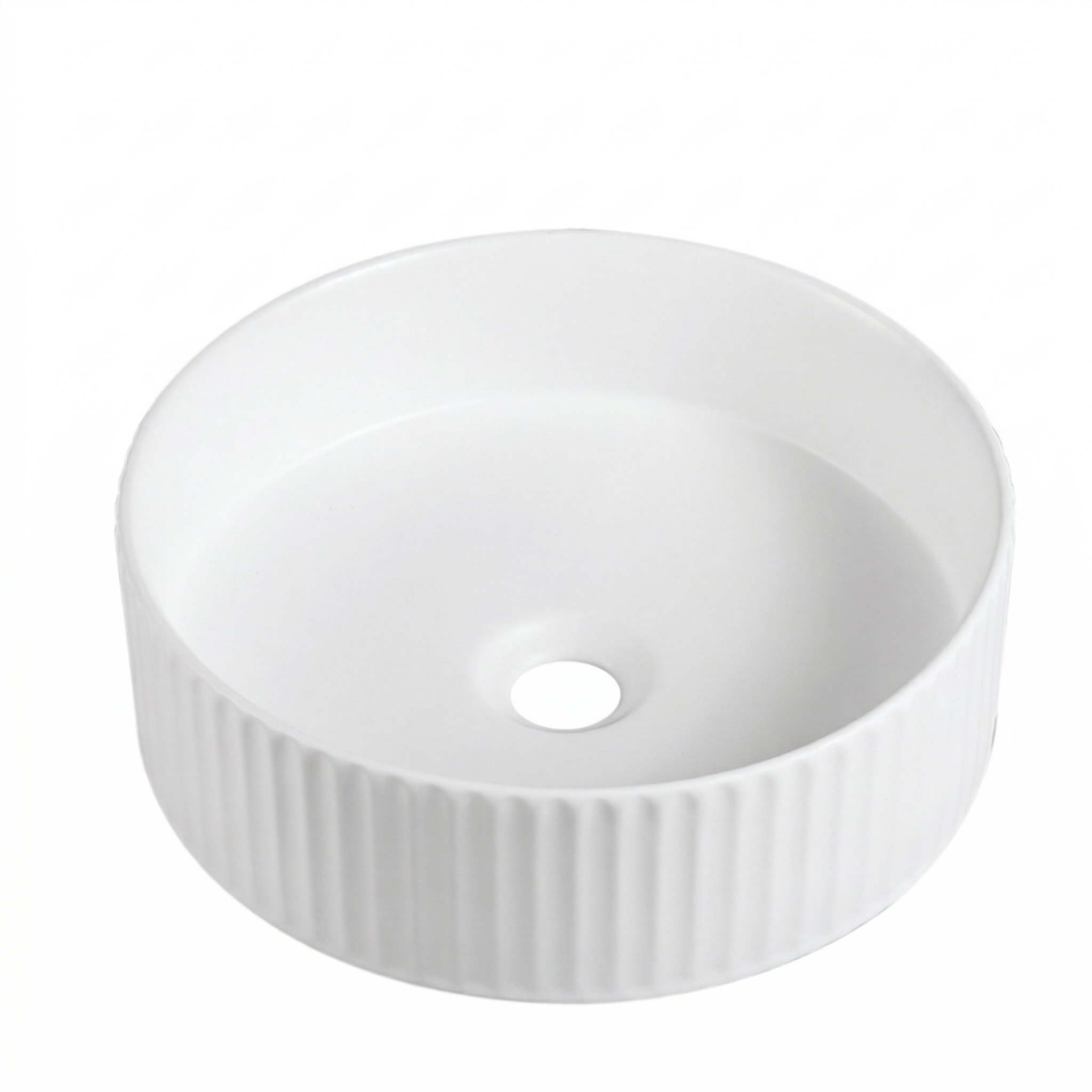 Matte white round fluted vessel sink, ceramic countertop wash basin for modern bathroom vanity.