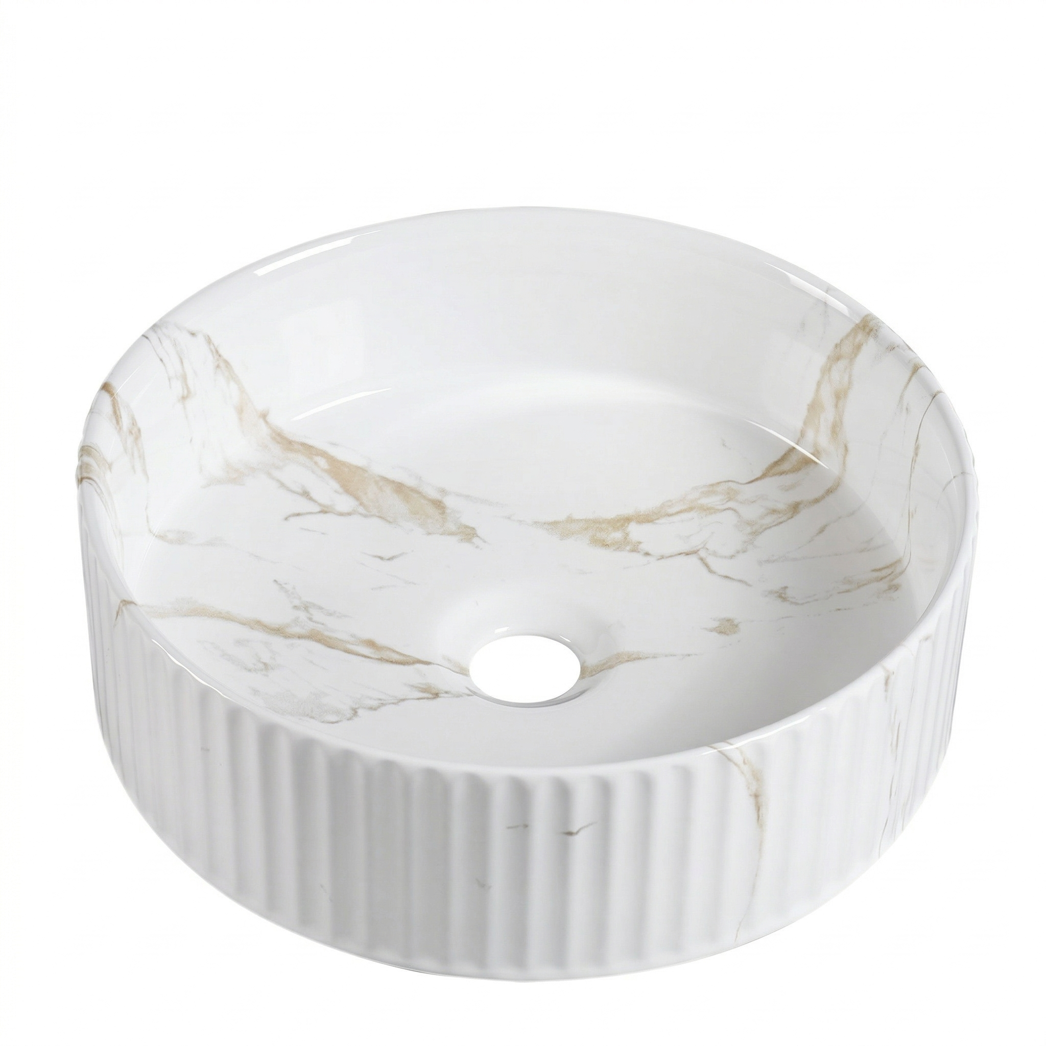 White marble round vessel sink with gold veining and fluted exterior for modern bathroom vanity.