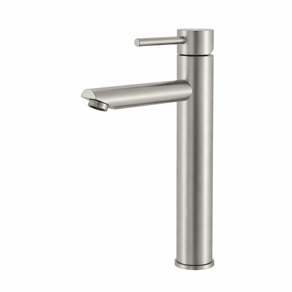 Modern brushed nickel single-handle vessel sink faucet with tall cylindrical body and sleek lever handle.