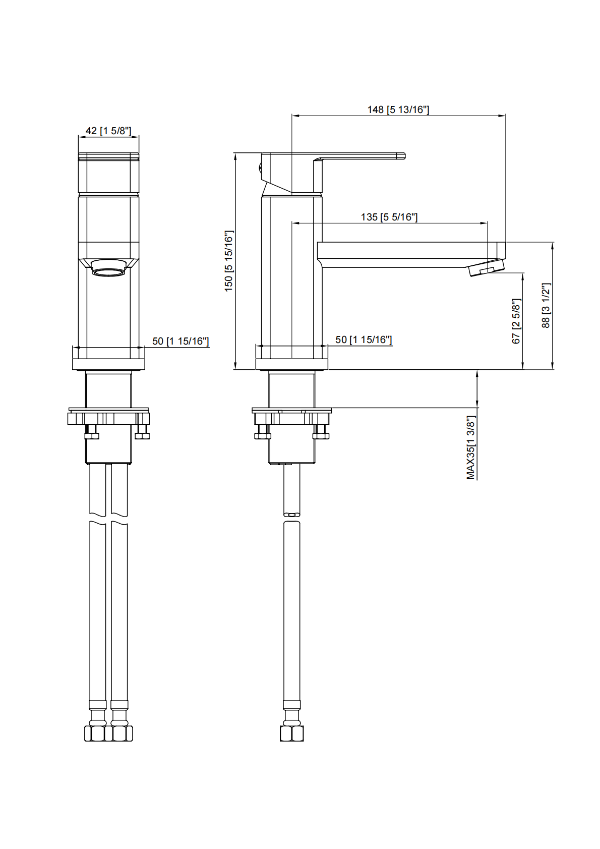 Technical dimensions diagram for a single-handle bathroom faucet with spout height and installation measurements.