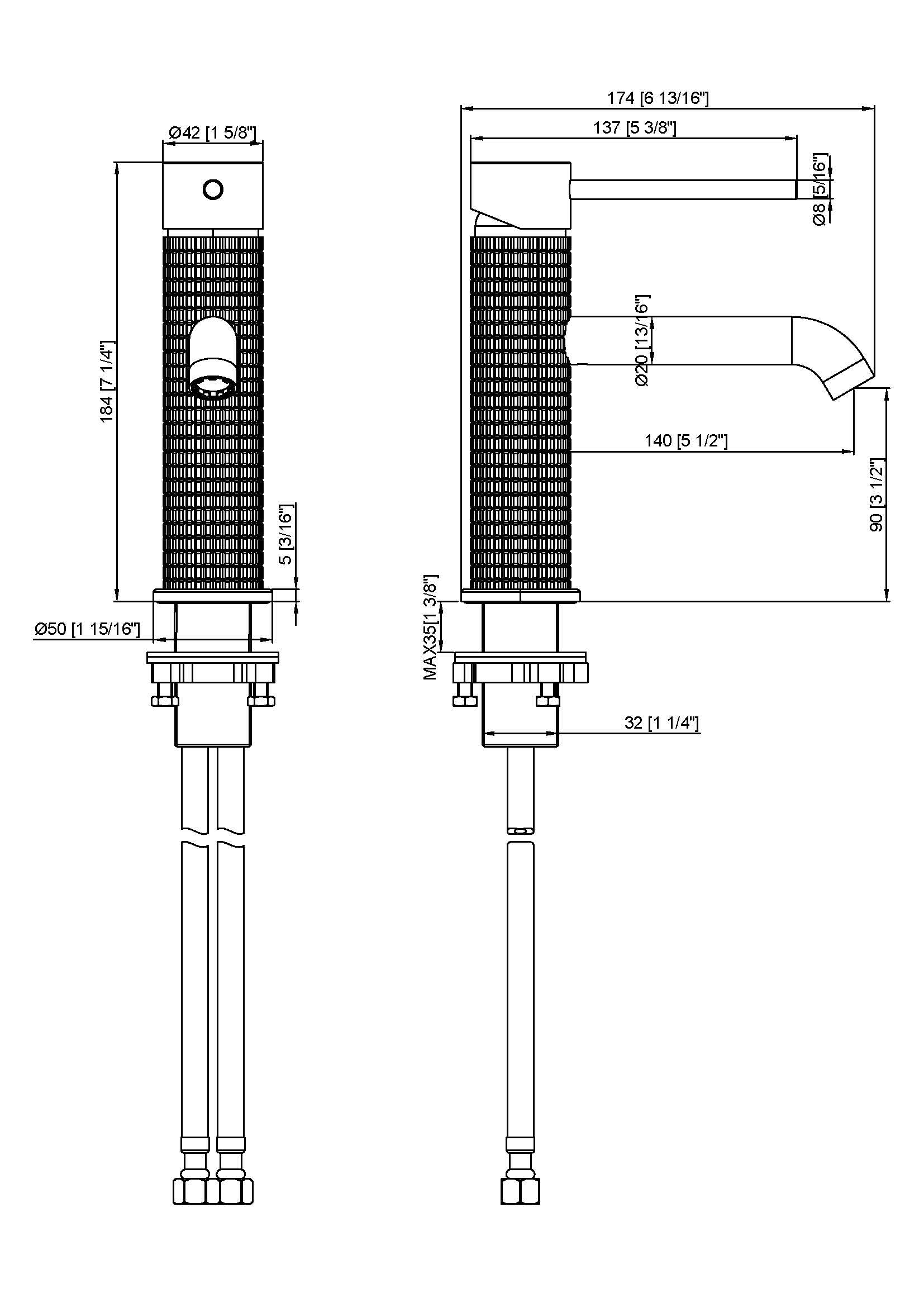 Technical drawing of a knurled single-handle bathroom faucet showing dimensions and specifications.