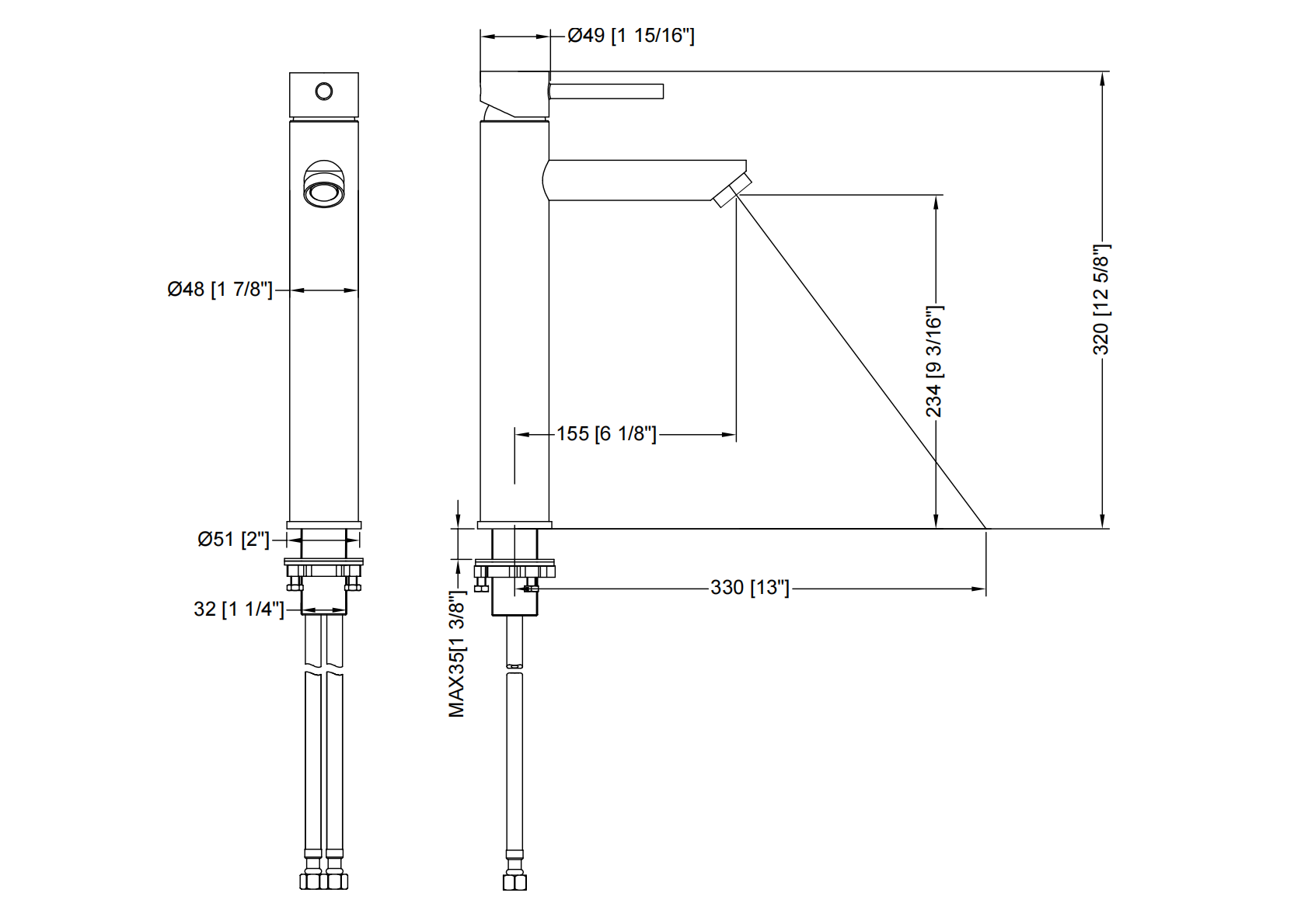 Technical specification diagram of a tall single-handle vessel sink bathroom faucet with detailed dimensions.