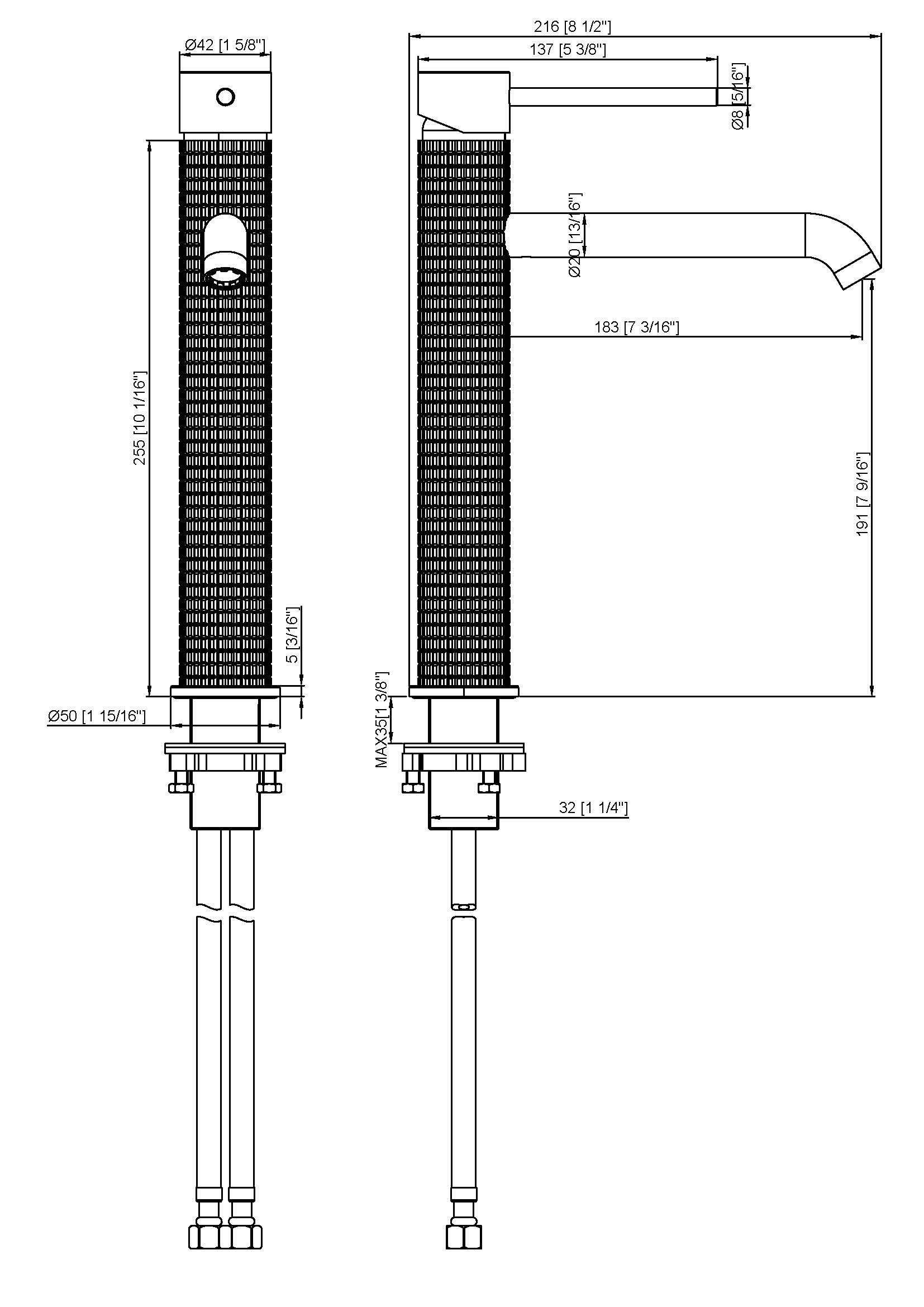 Technical drawing of a tall knurled single-handle vessel bathroom faucet showing installation dimensions and specs.