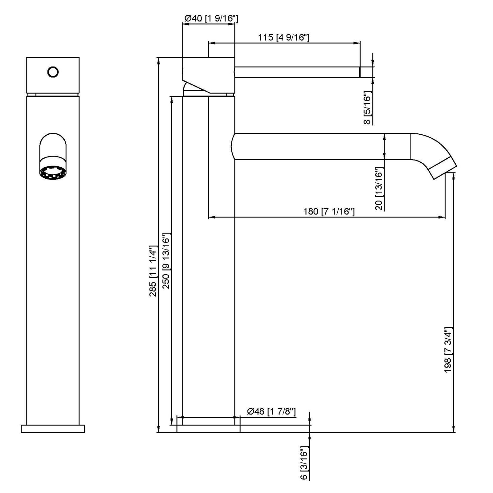 Technical schematic with dimensions in mm and inches for a tall single-handle modern bathroom vessel sink faucet.