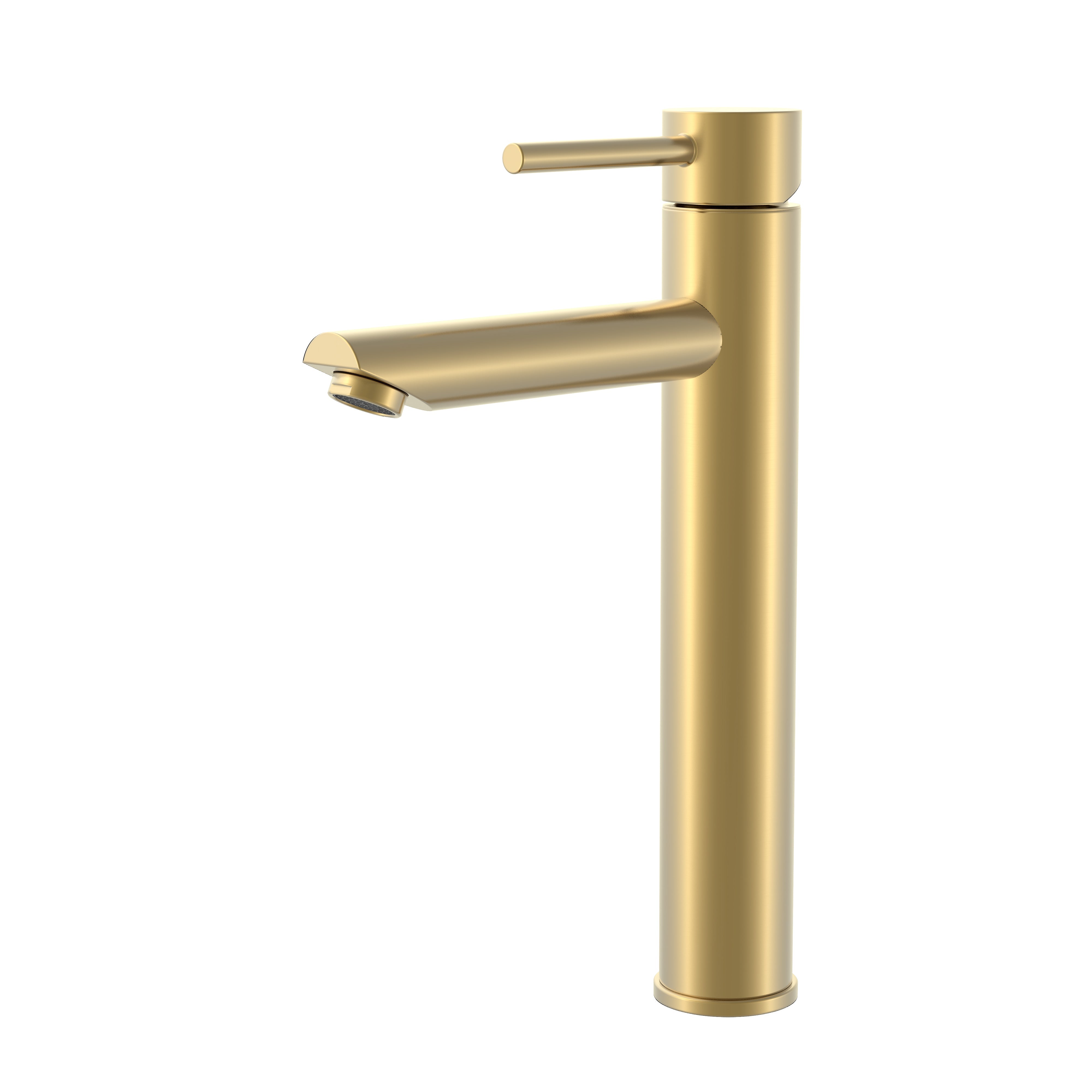 Modern brushed gold tall bathroom faucet for vessel sinks with single lever handle.