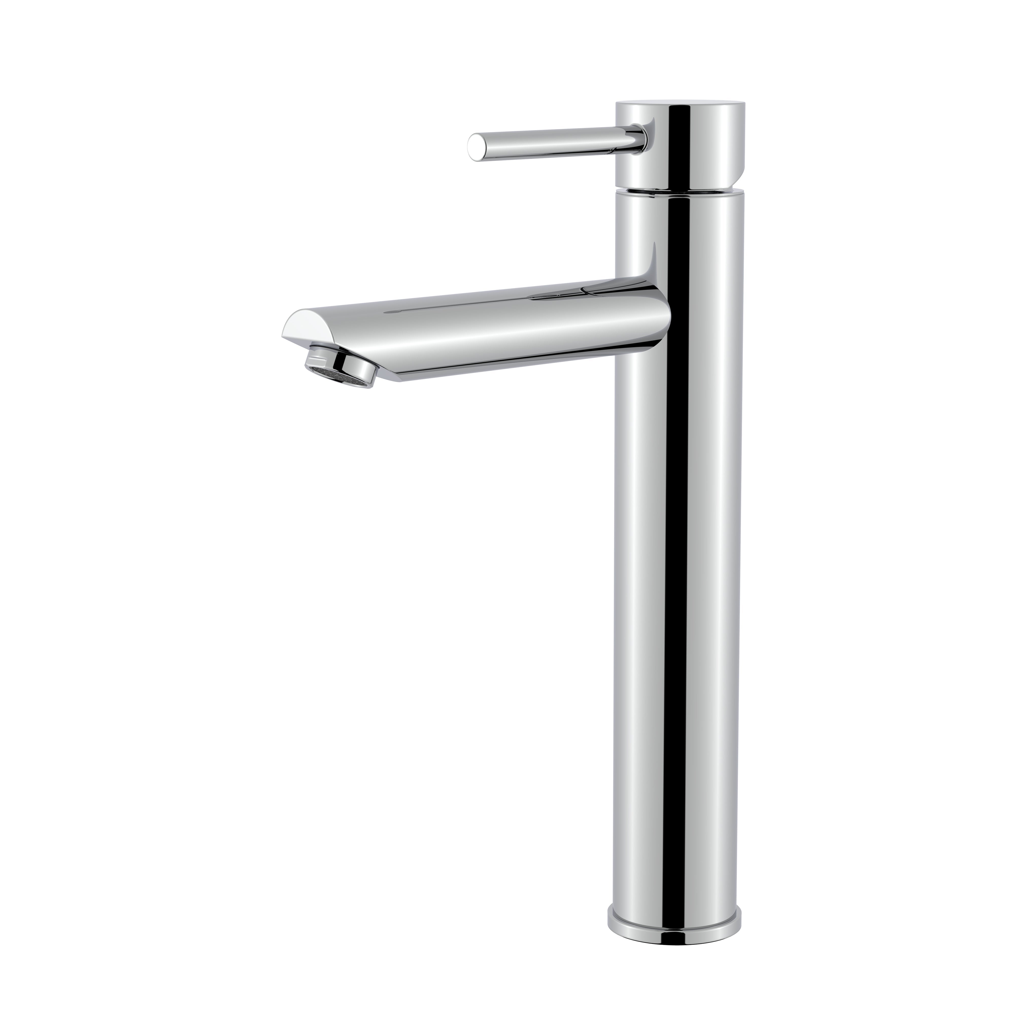 Modern polished chrome tall single-handle vessel sink faucet for bathroom.