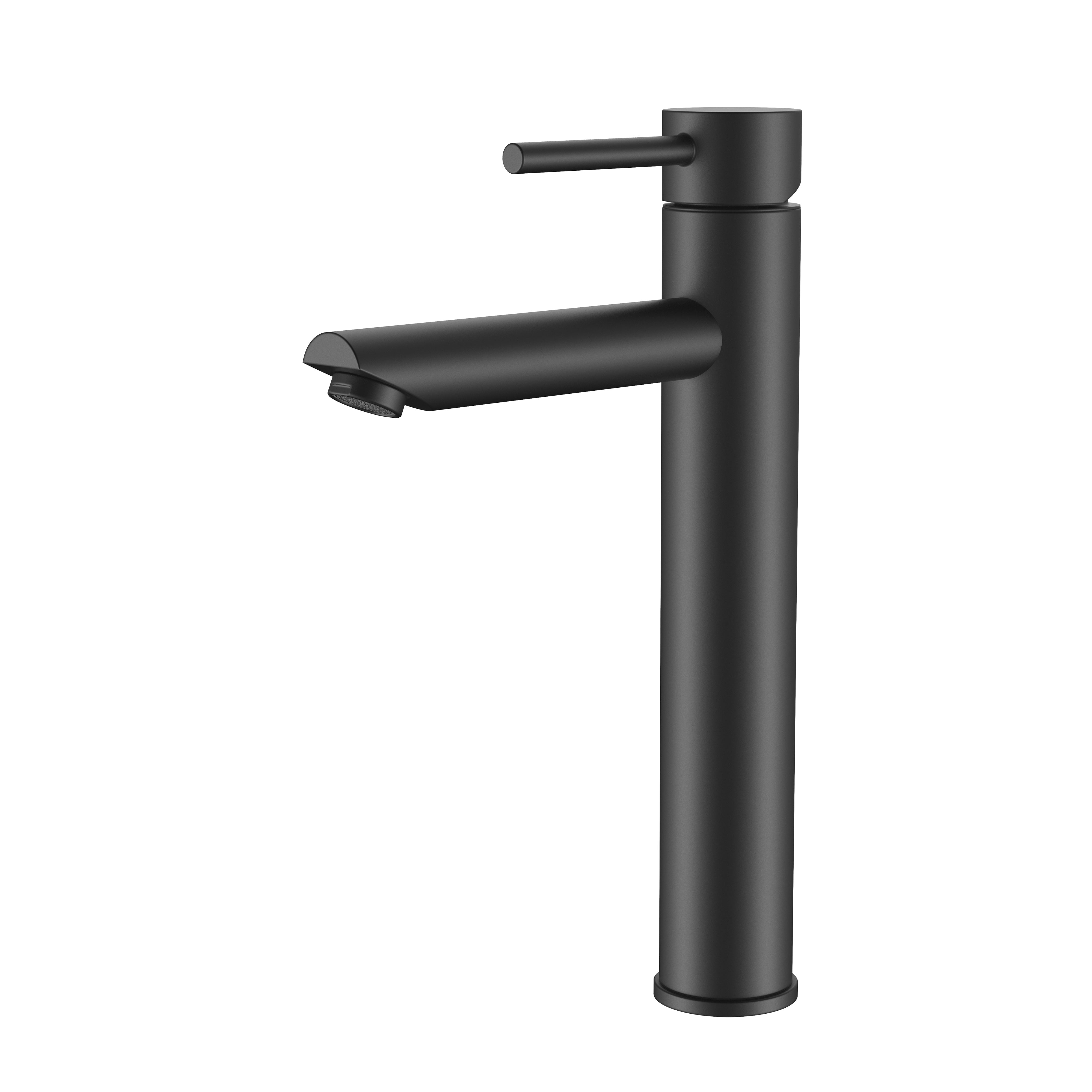 Matte black tall vessel sink faucet with single lever handle, modern bathroom fixture isolated on white background.