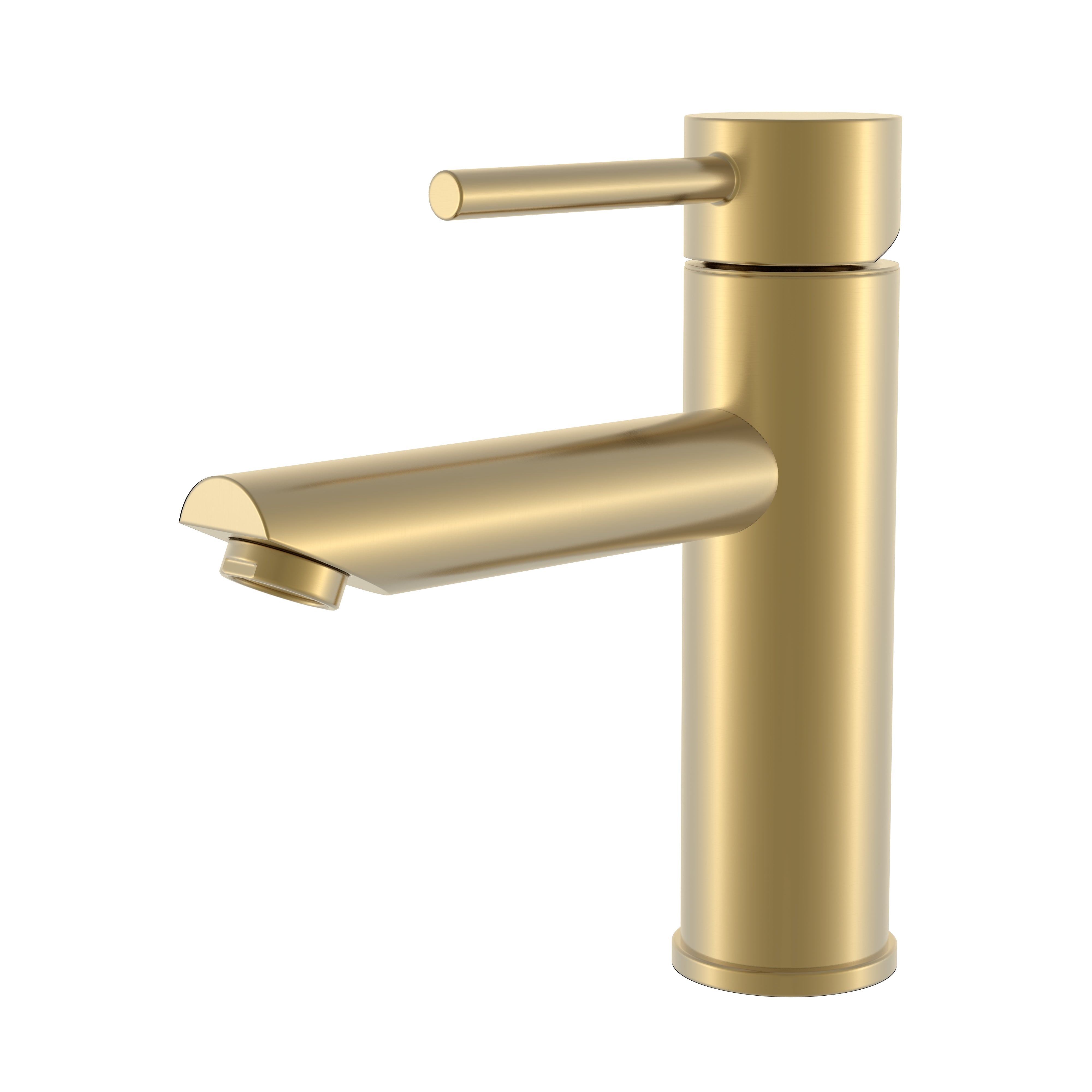 Modern brushed gold single-handle bathroom faucet with a sleek cylindrical design and lever handle.