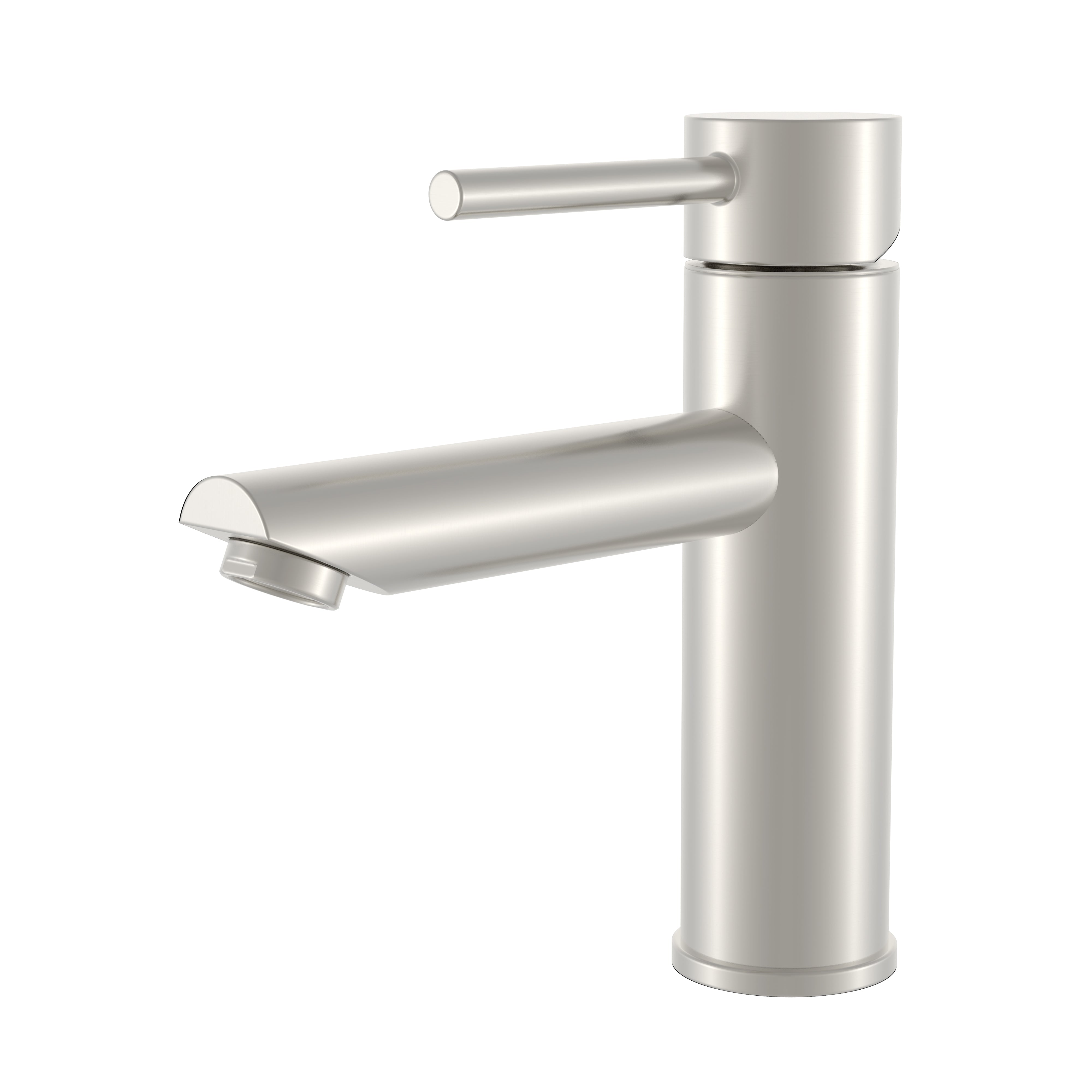 Modern brushed nickel single-handle bathroom faucet with a sleek cylindrical design and lever handle.