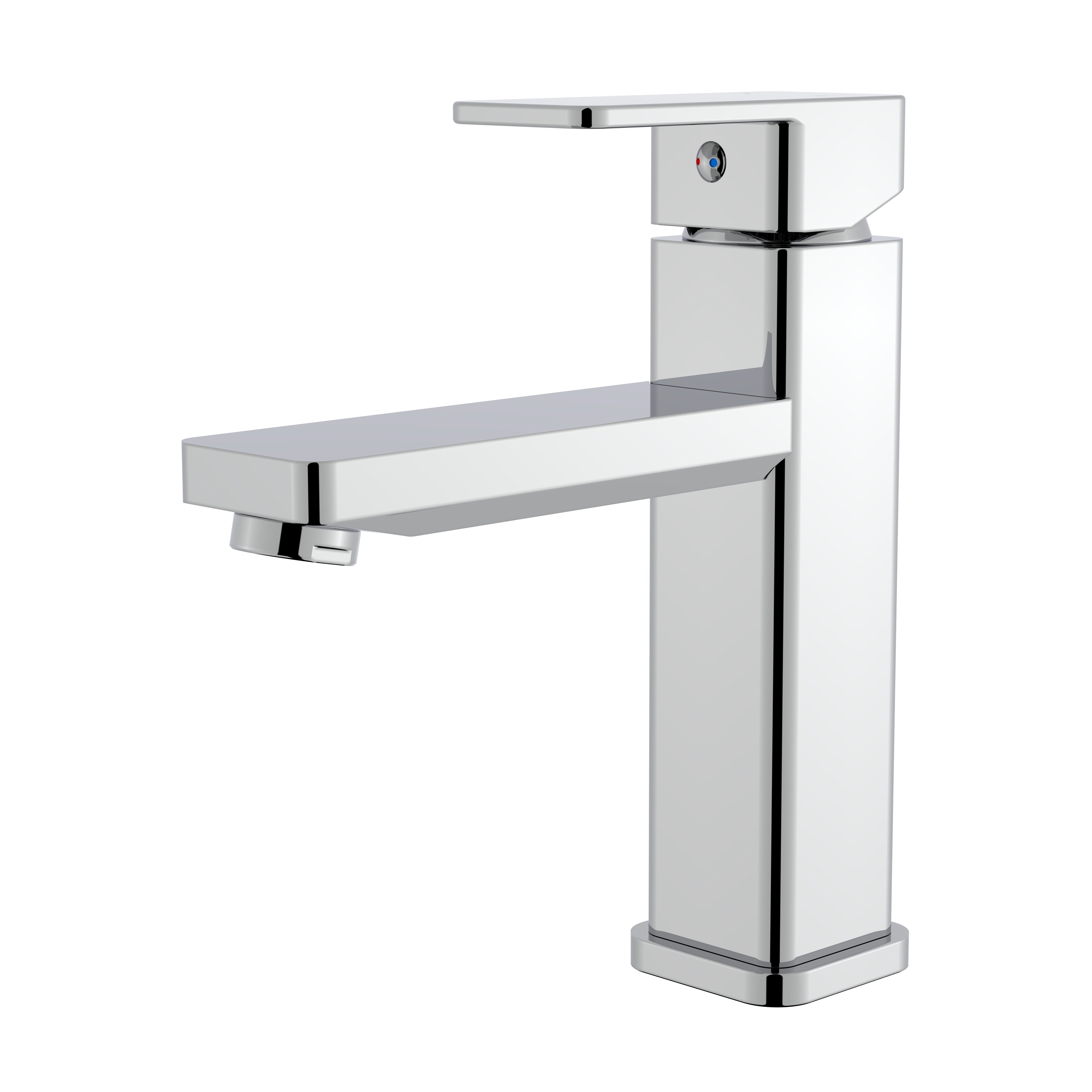 Modern polished chrome single-handle bathroom faucet with square geometric design for contemporary vanity sinks.