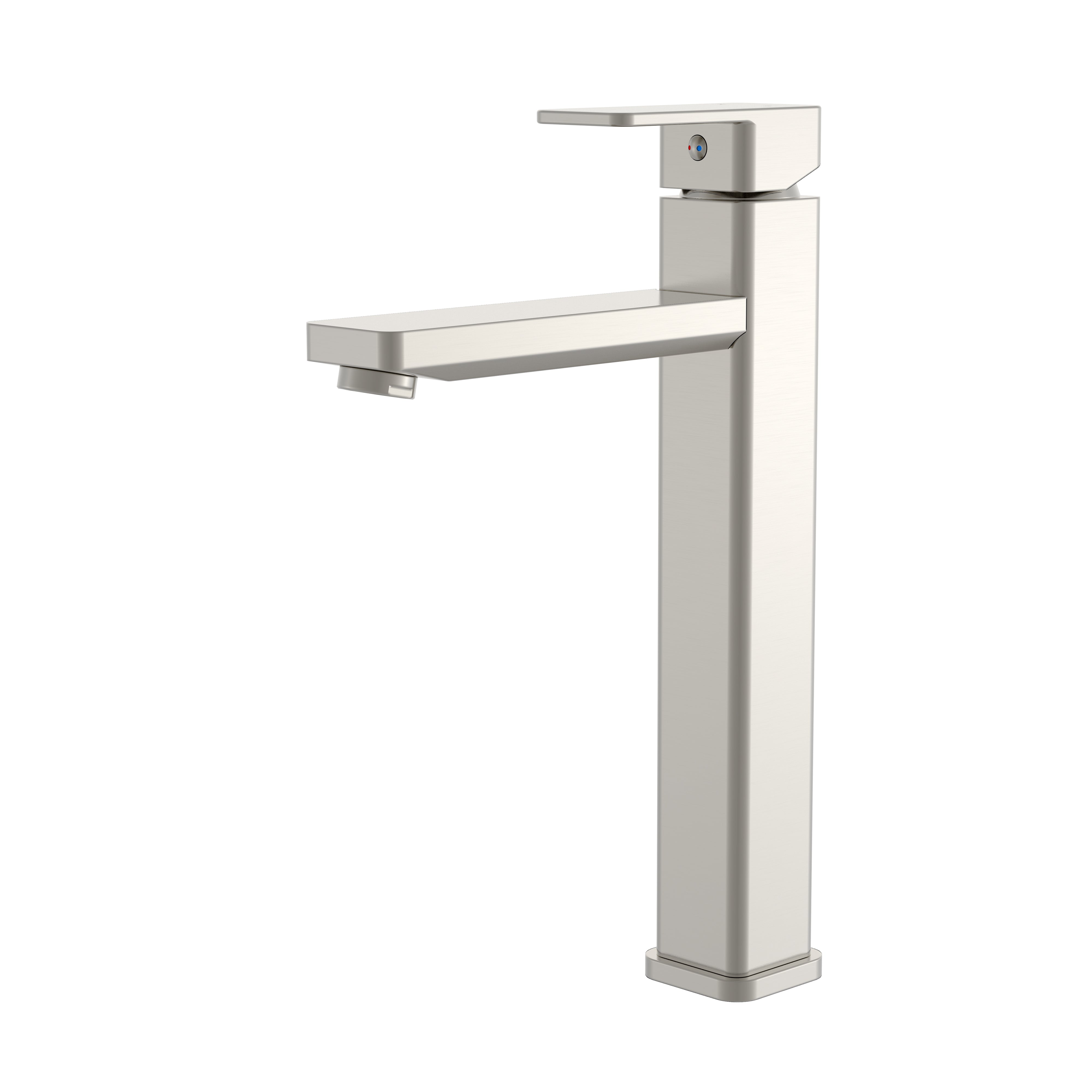 Modern brushed nickel single-handle tall vessel bathroom faucet with a square minimalist design.