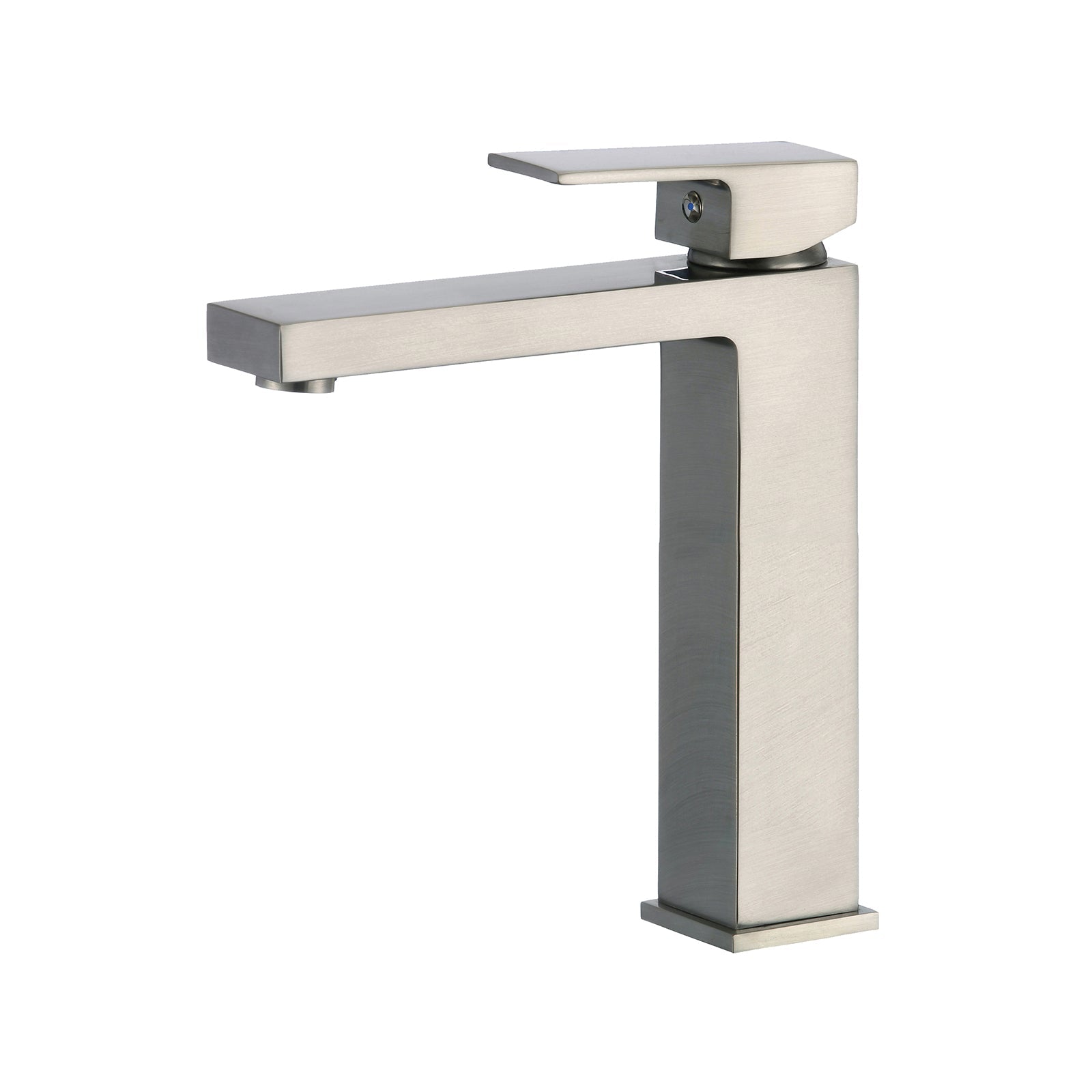 Modern brushed nickel single-handle tall vessel sink faucet with a sleek square spout design.