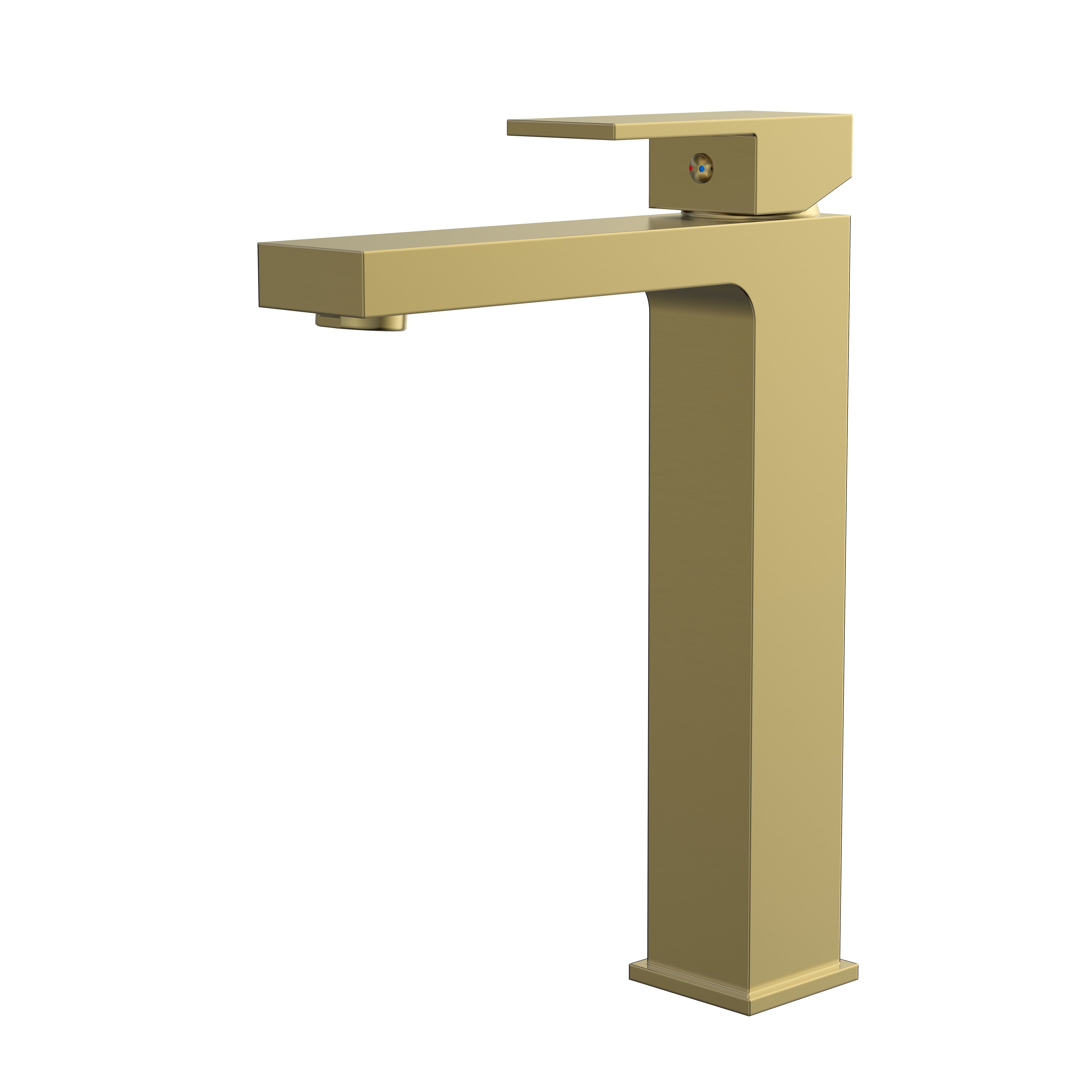 Modern brushed gold single-handle tall bathroom faucet with a sleek rectangular design for vessel sinks.