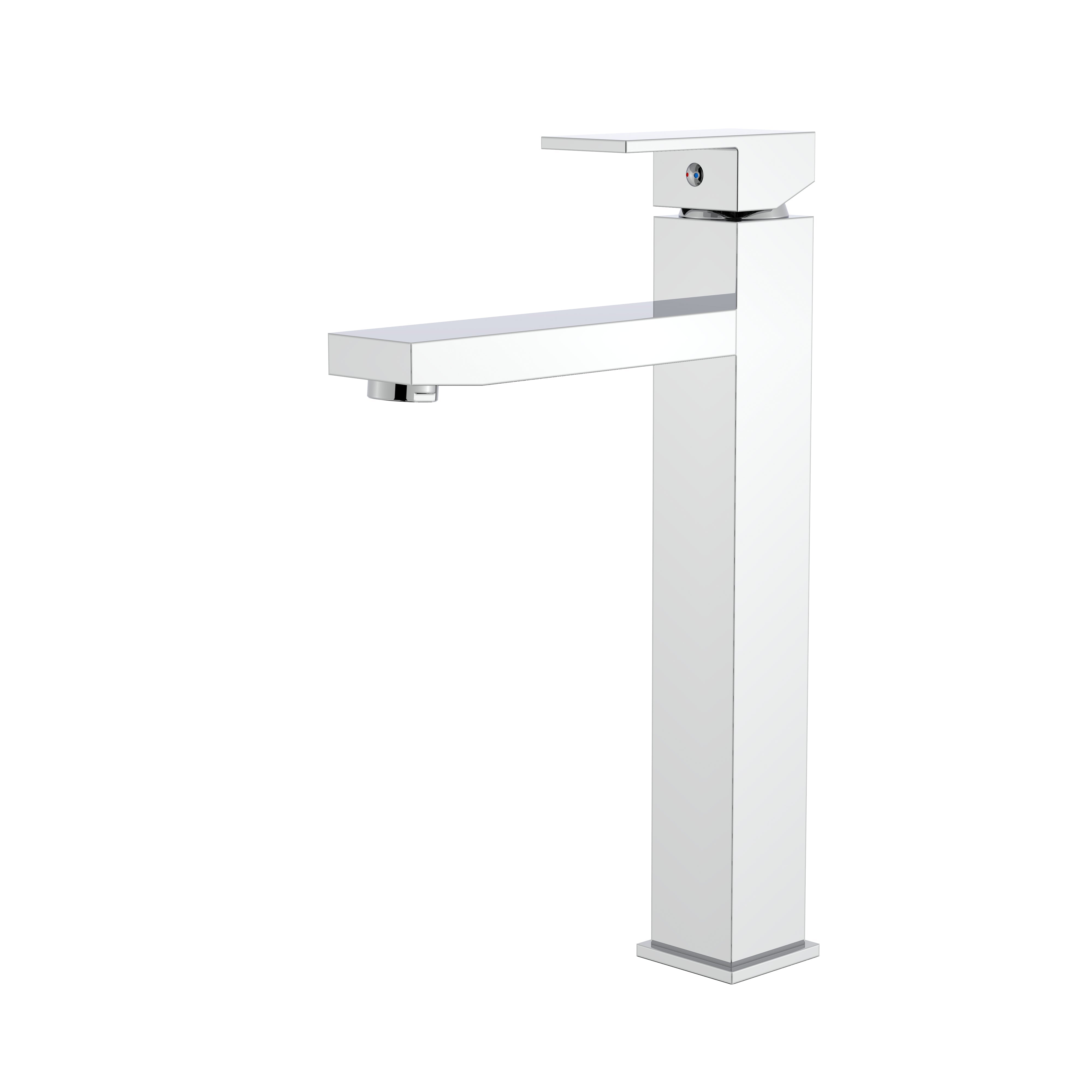 Modern polished chrome tall vessel bathroom faucet with square geometric design and single-handle lever.