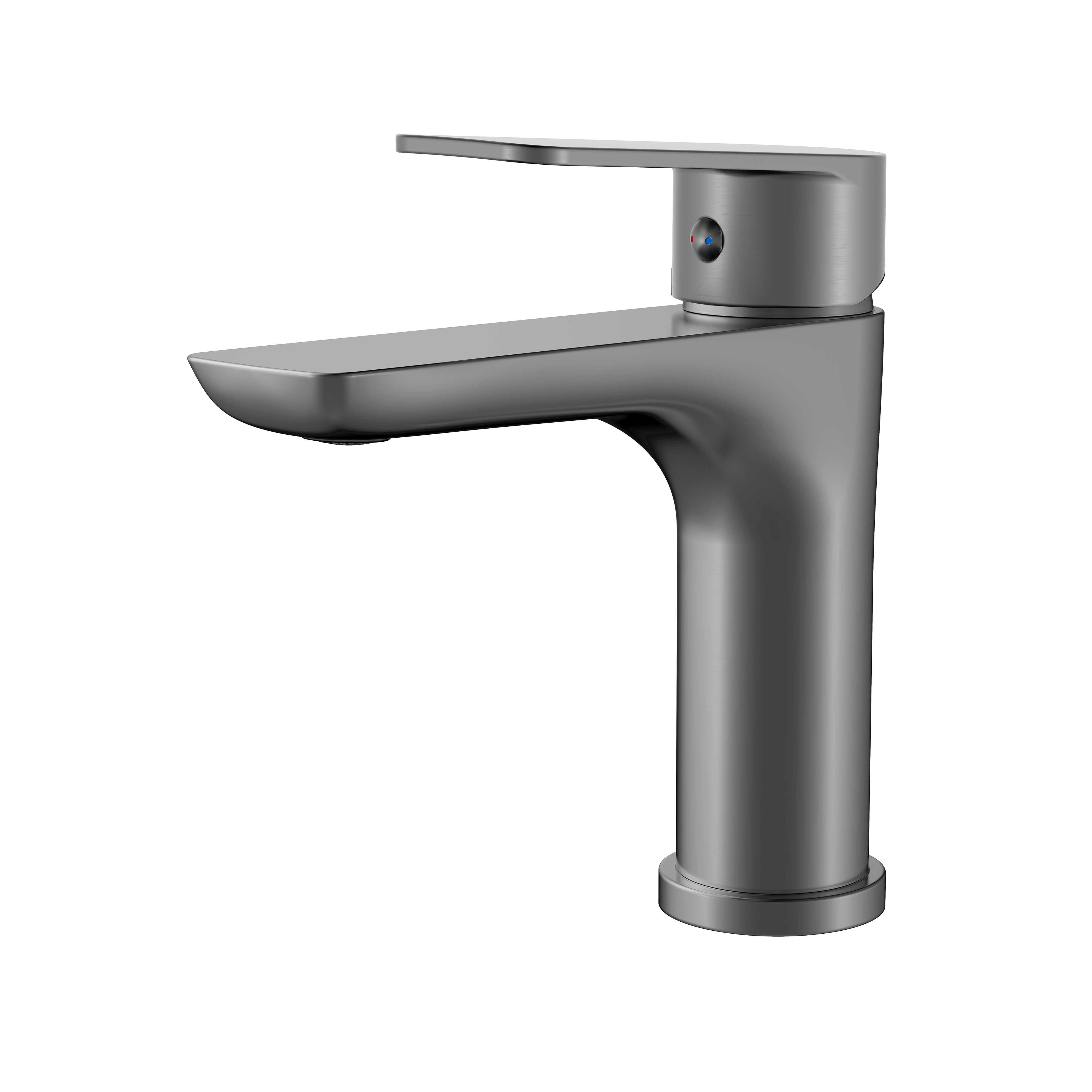 Modern brushed gunmetal single-handle bathroom faucet with sleek flat spout and hot-cold indicator.