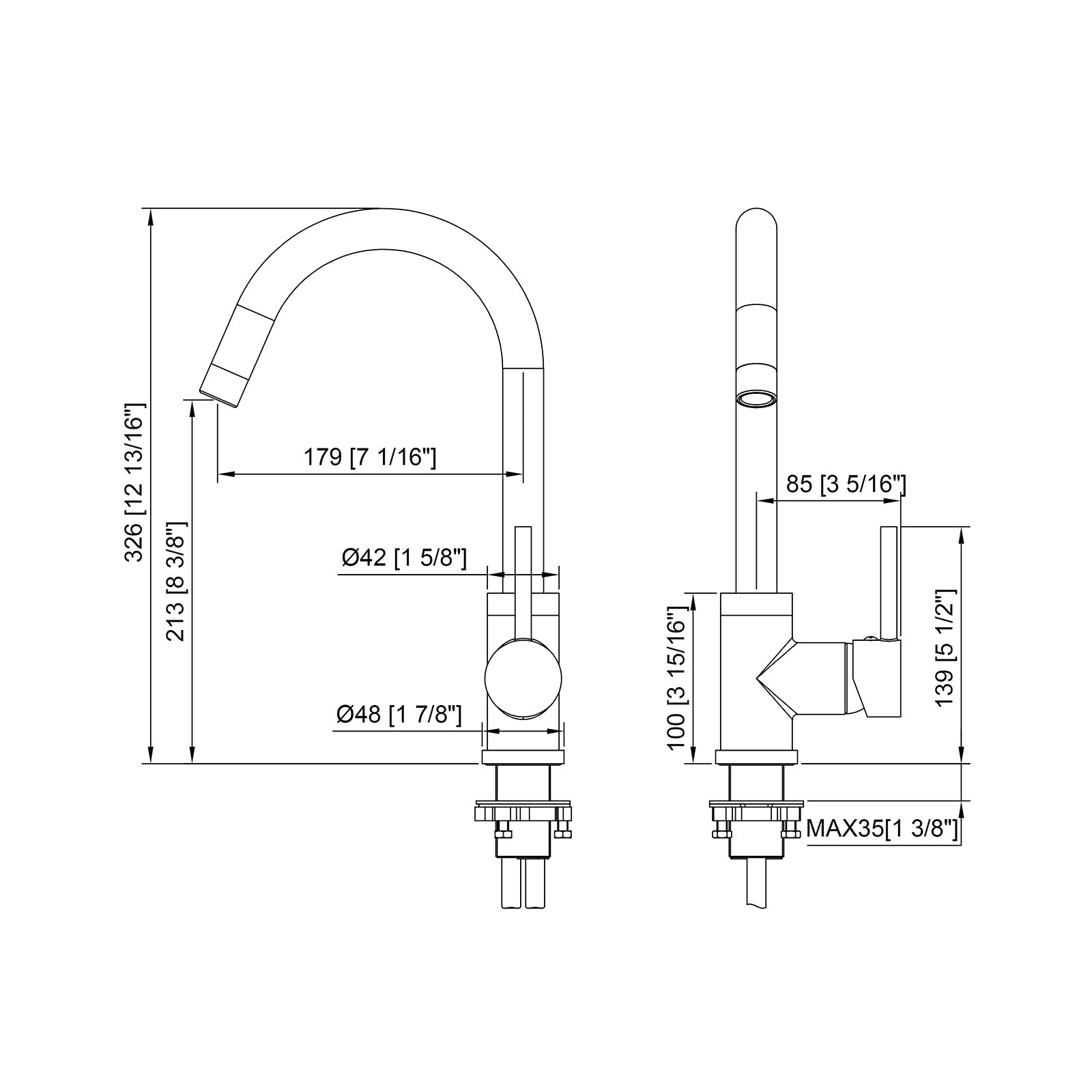 Technical drawing of a gooseneck kitchen faucet showing detailed product dimensions and measurements.