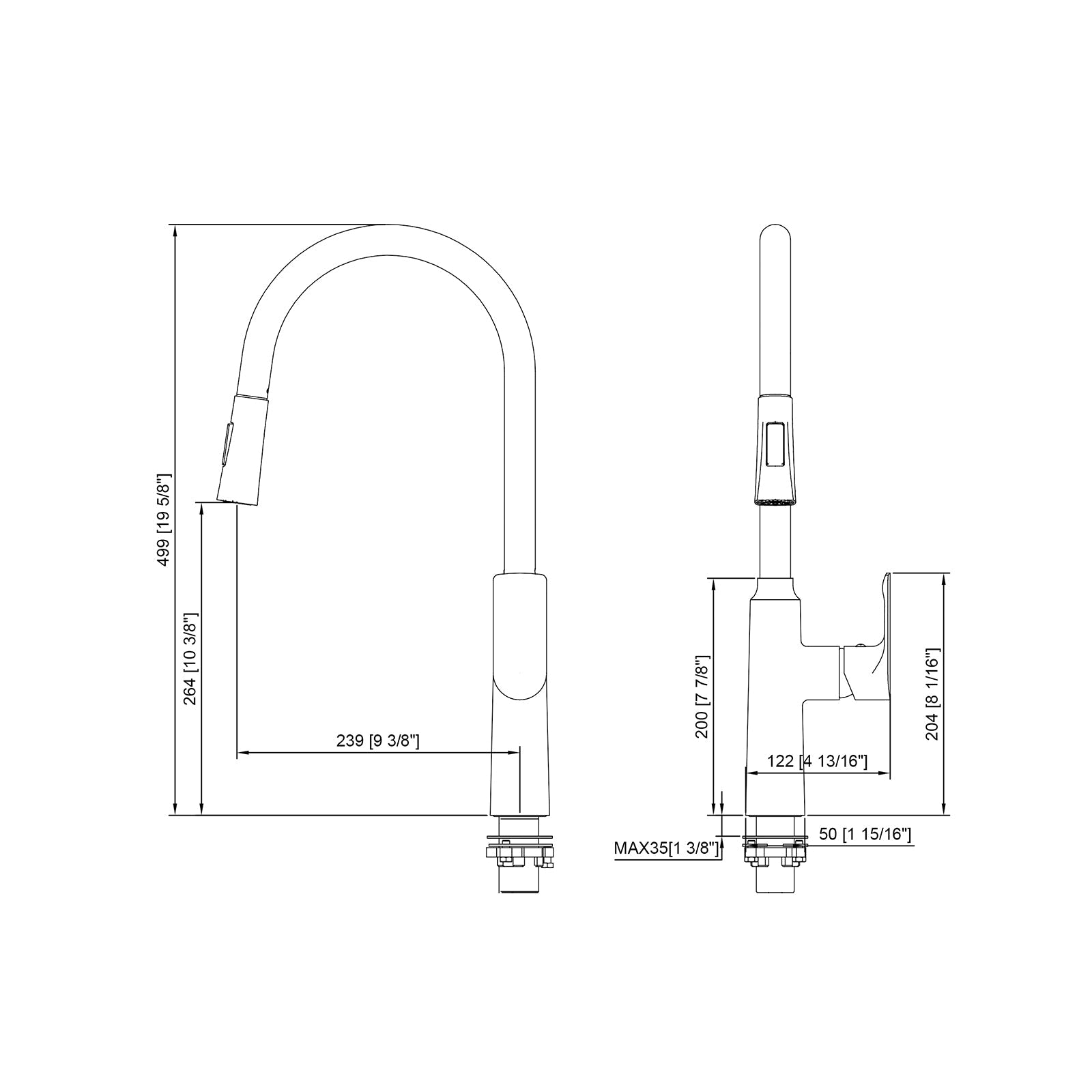 Technical drawing showing dimensions for a high-arc pull-down kitchen faucet with a single-handle design.