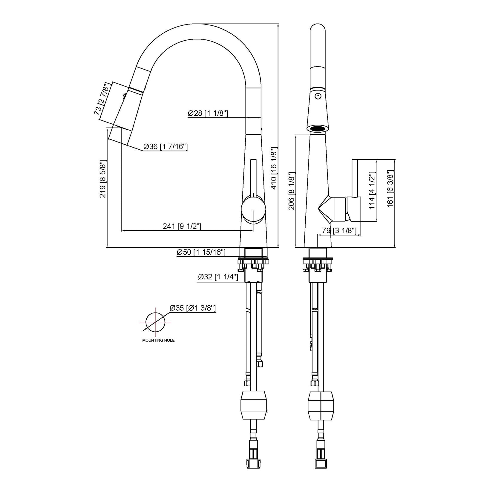Technical schematic showing dimensions for a high-arc single-handle pull-down kitchen faucet.