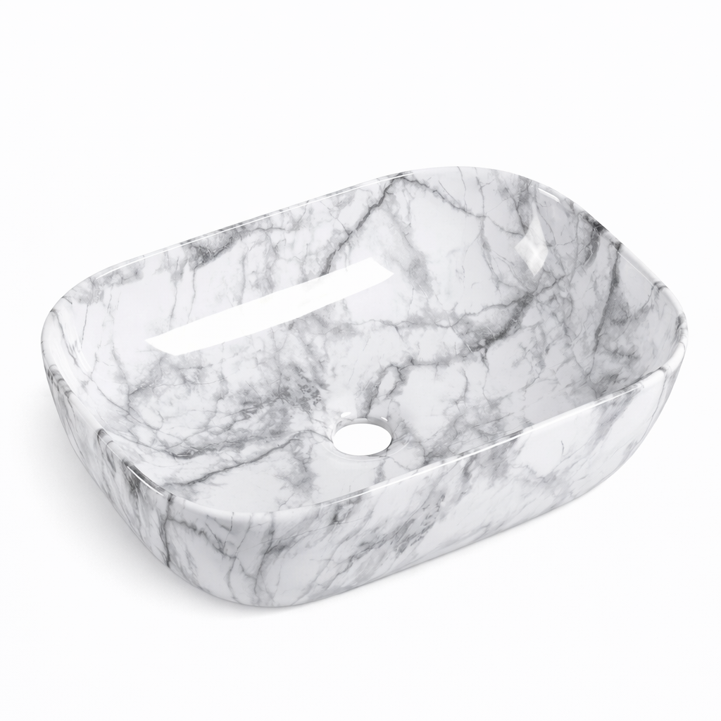 Rectangular white marble bathroom vessel sink with grey veining for modern above-counter installation.
