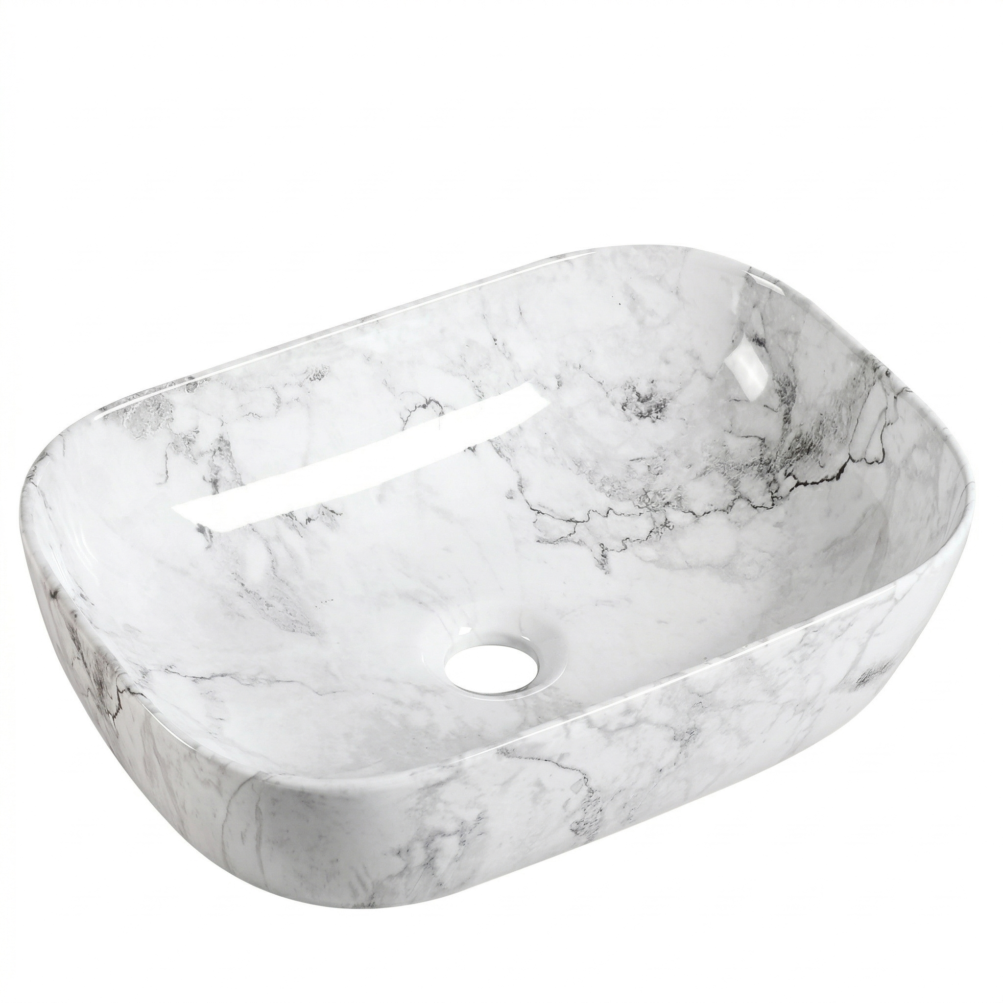 Modern white marble vessel sink with grey veining, rectangular ceramic above-counter bathroom basin.
