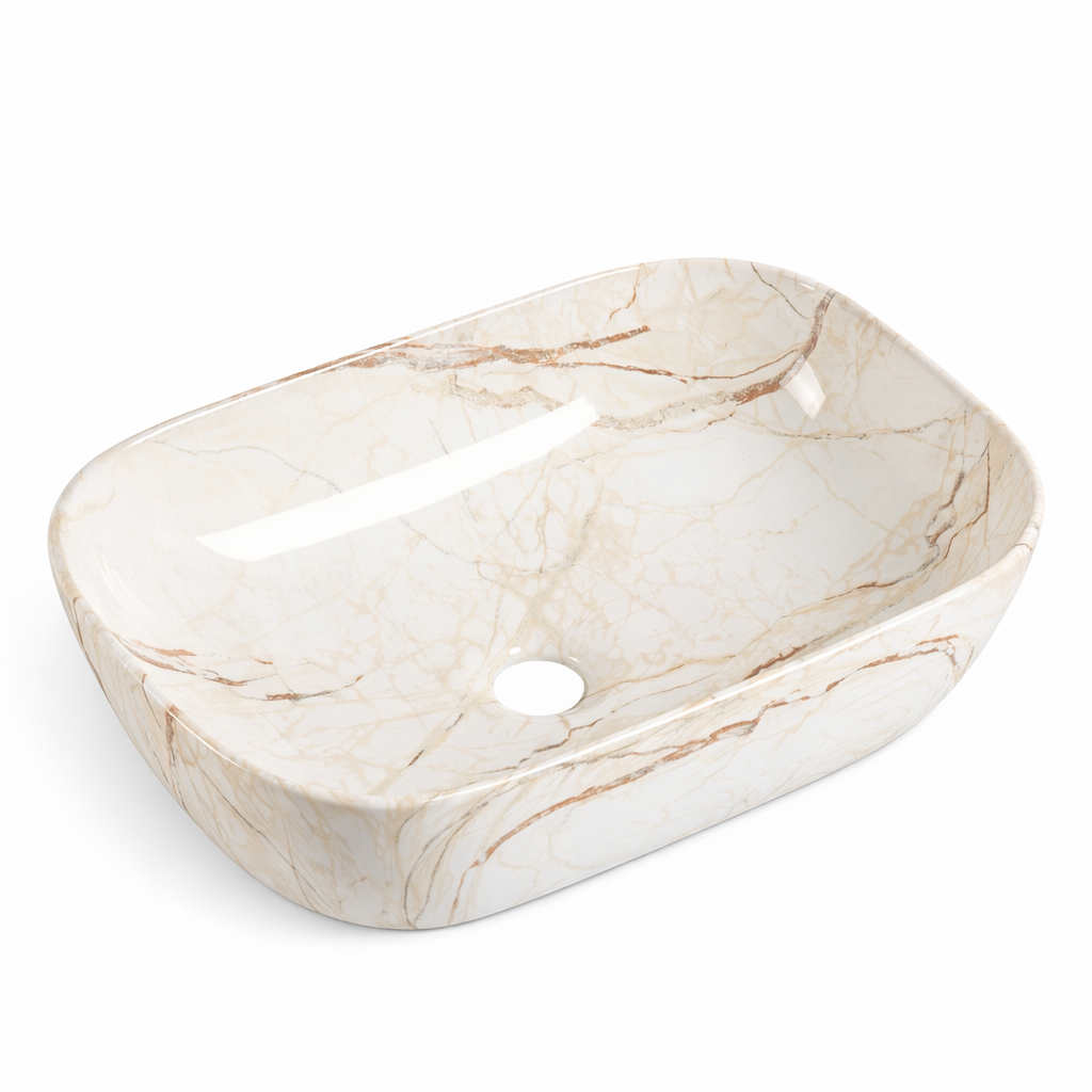 Rectangular beige marble-patterned ceramic vessel bathroom sink with brown veining.