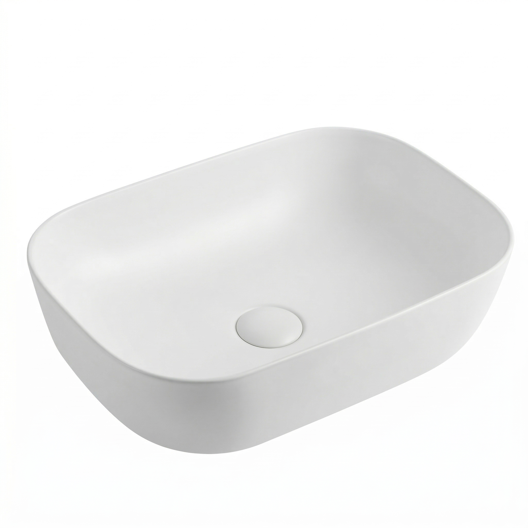 Modern matte white rectangular vessel bathroom sink with rounded corners and matching drain cover.