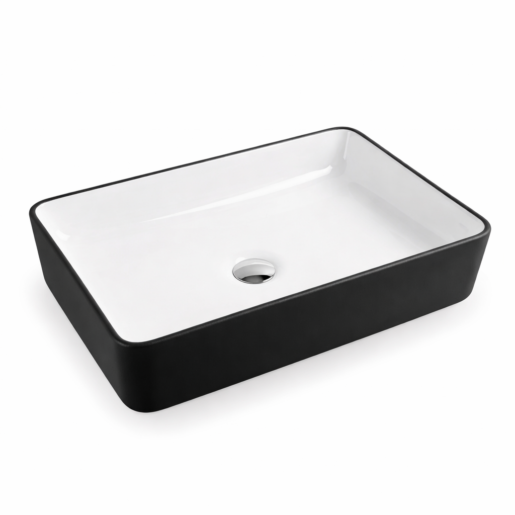 Modern rectangular matte black and white ceramic vessel bathroom sink with pop-up drain.