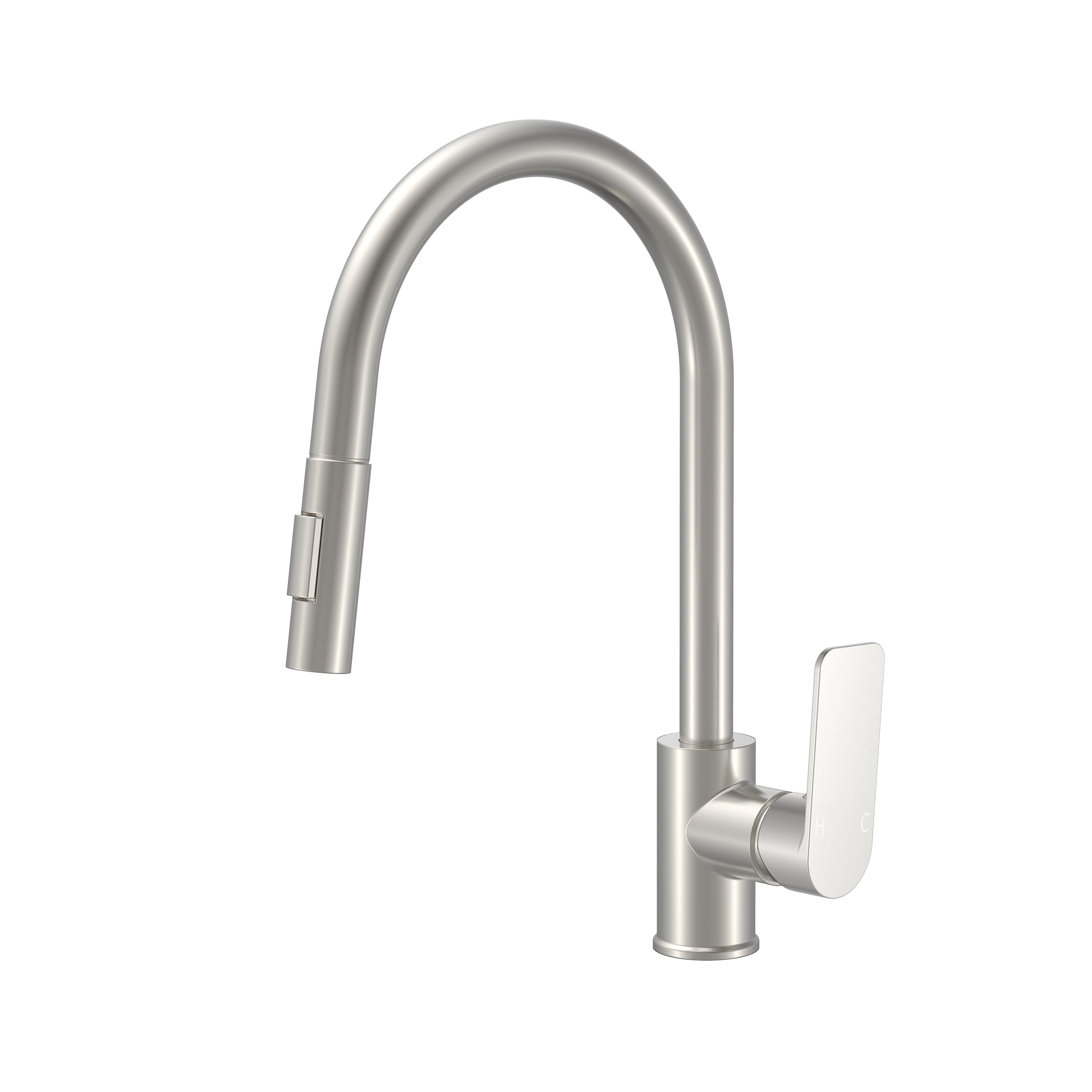 Modern brushed nickel high-arc kitchen faucet with a pull-down sprayer and single lever handle.