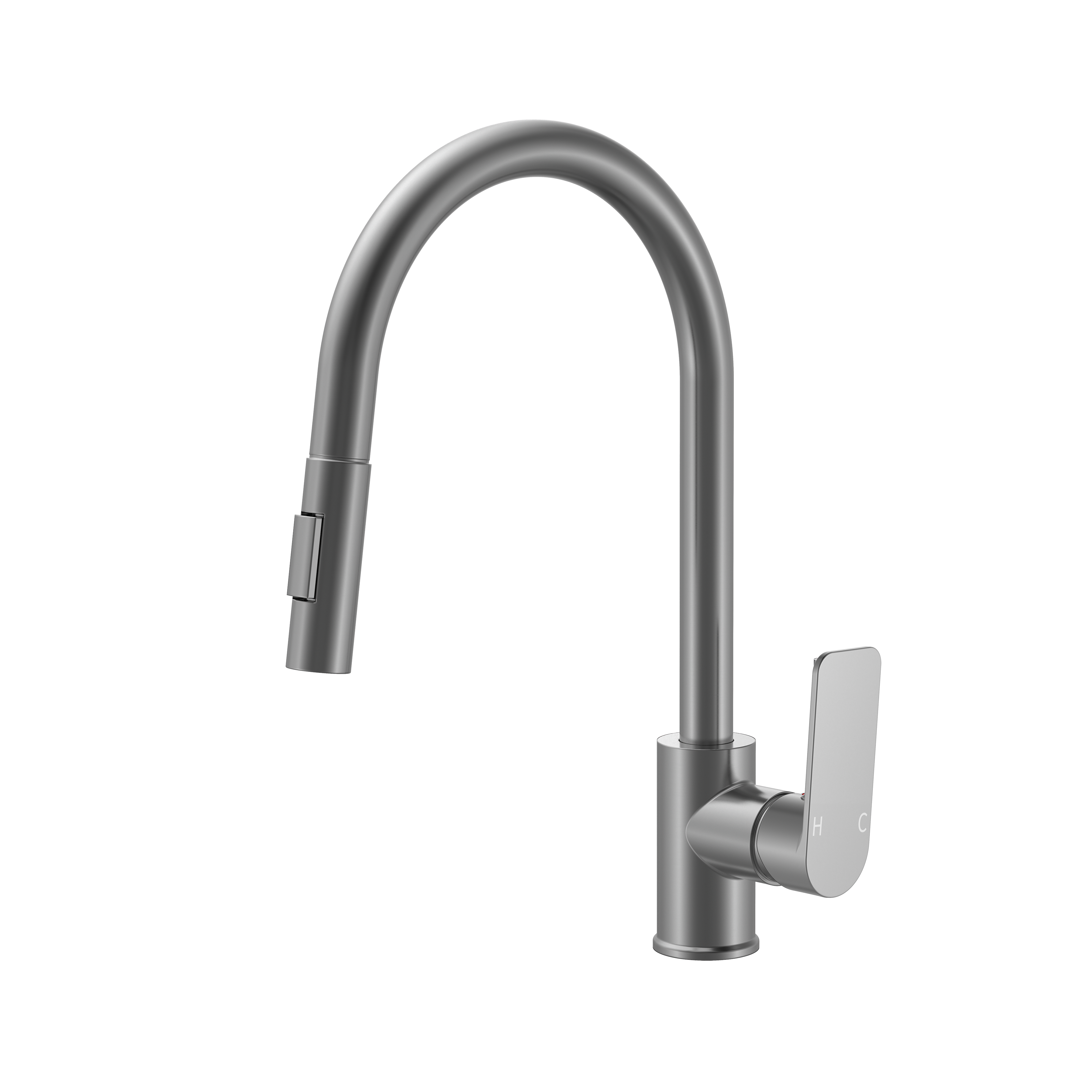 Modern brushed nickel kitchen faucet with pull-down sprayer and high-arc gooseneck spout.