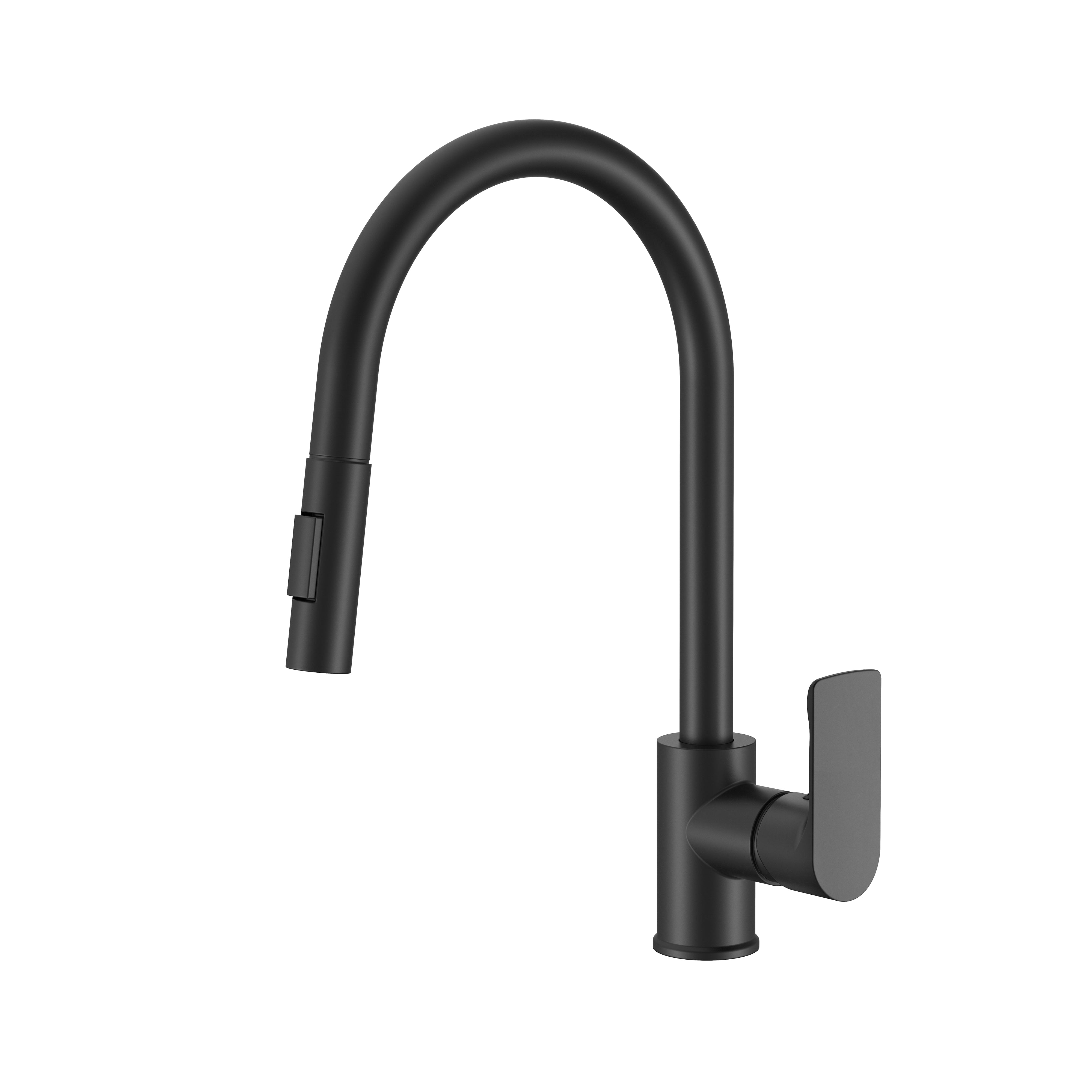 Modern matte black pull-down kitchen faucet with gooseneck spout and single lever handle.