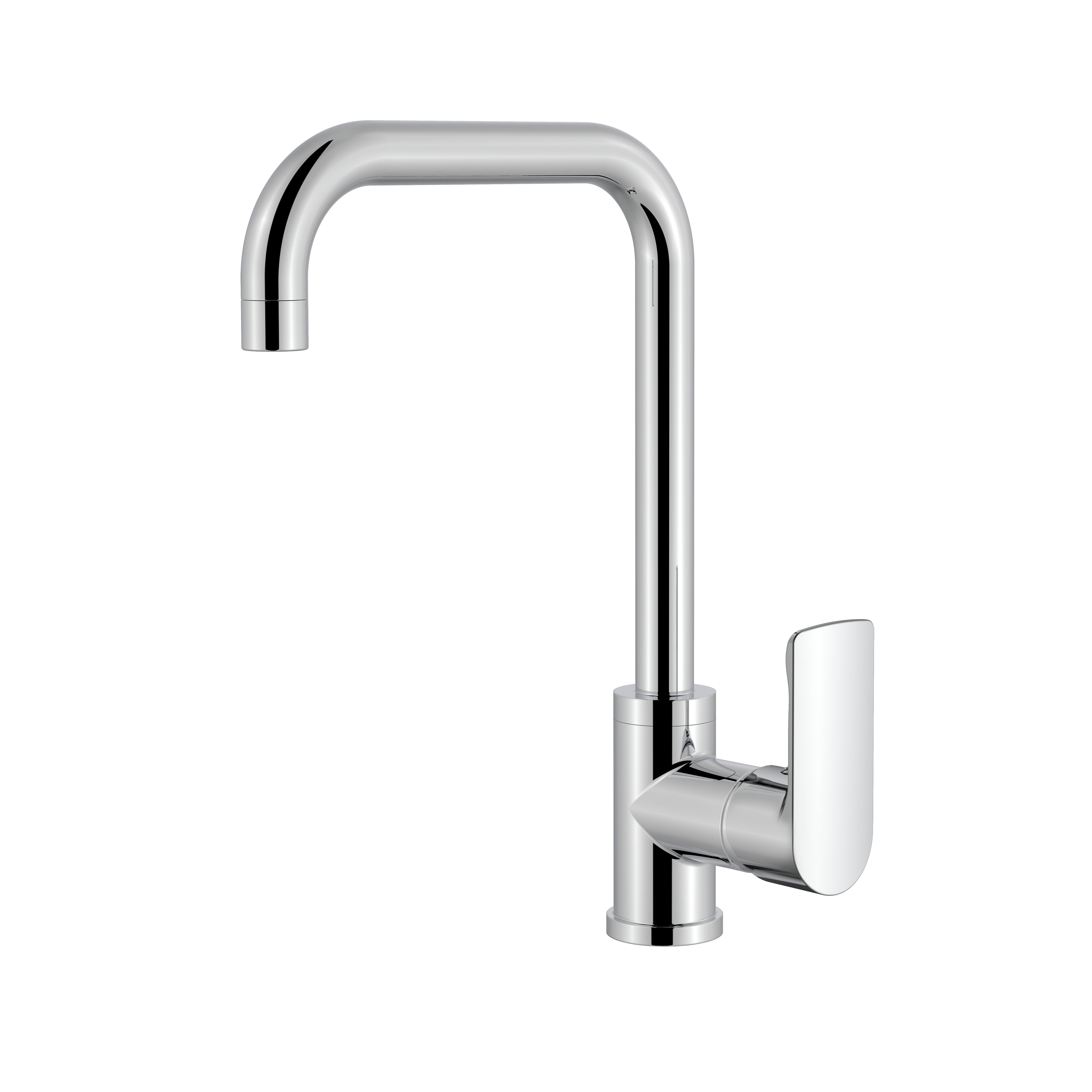 Modern polished chrome kitchen faucet with a high U-shaped spout and single lever handle.